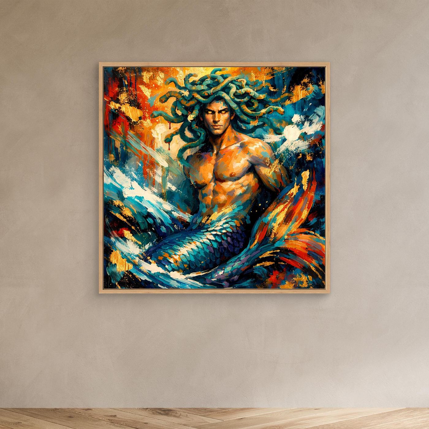 Leinwandbild Meermann mit Medusa-Haar, abstrakt, buntes Meerwesen, Eichenrahmen