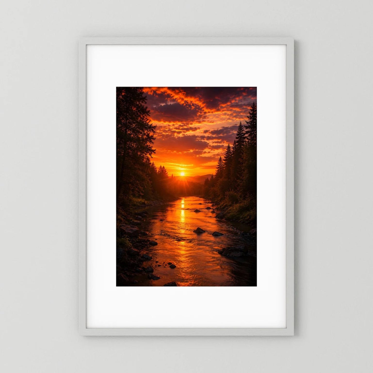 Gerahntes Poster im Hochformat mit leuchtendem Fluss im Wald bei Sonnenuntergang