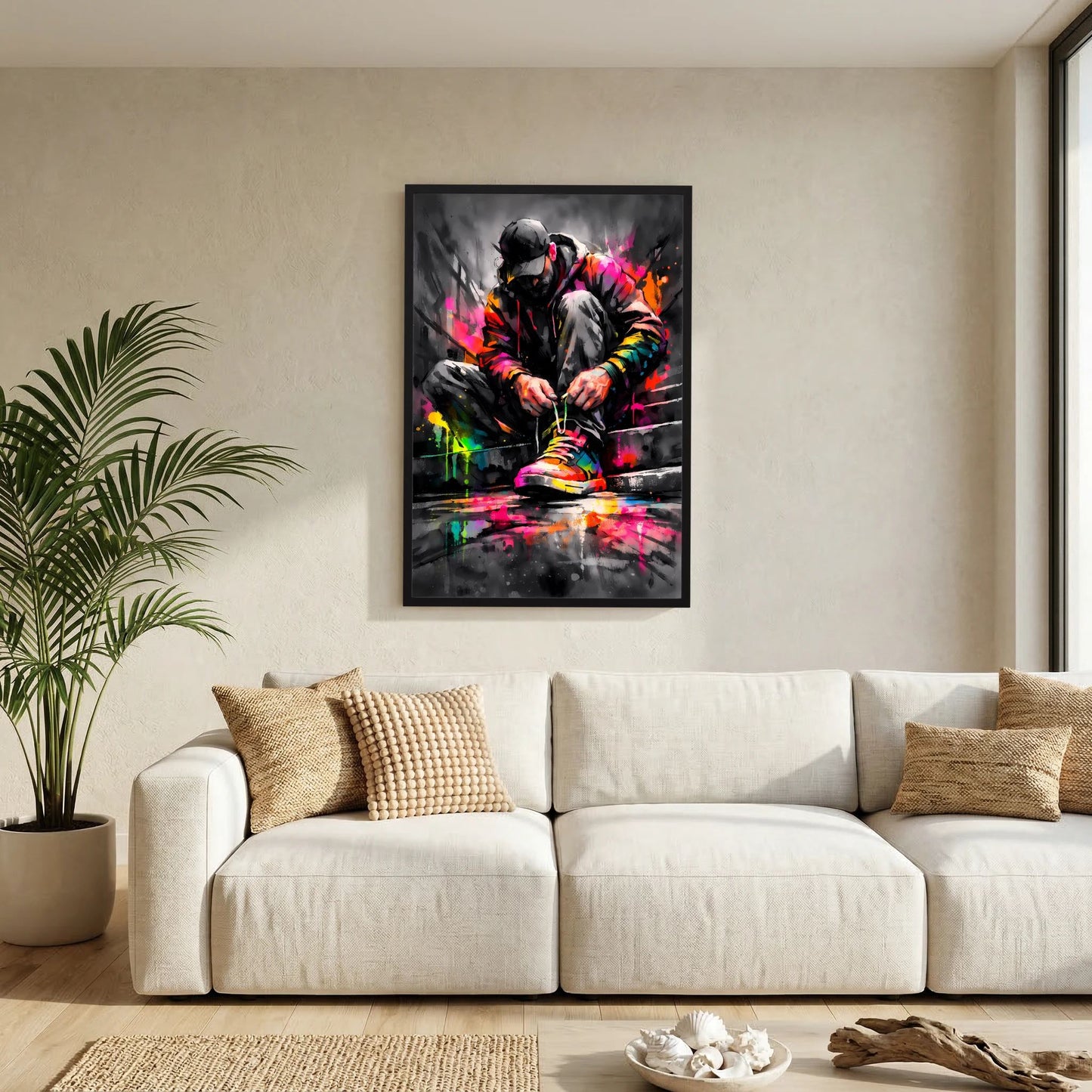 Poster im schwarzen Rahmen, knieende Figur mit bunten Farbspritzern und Turnschuhen