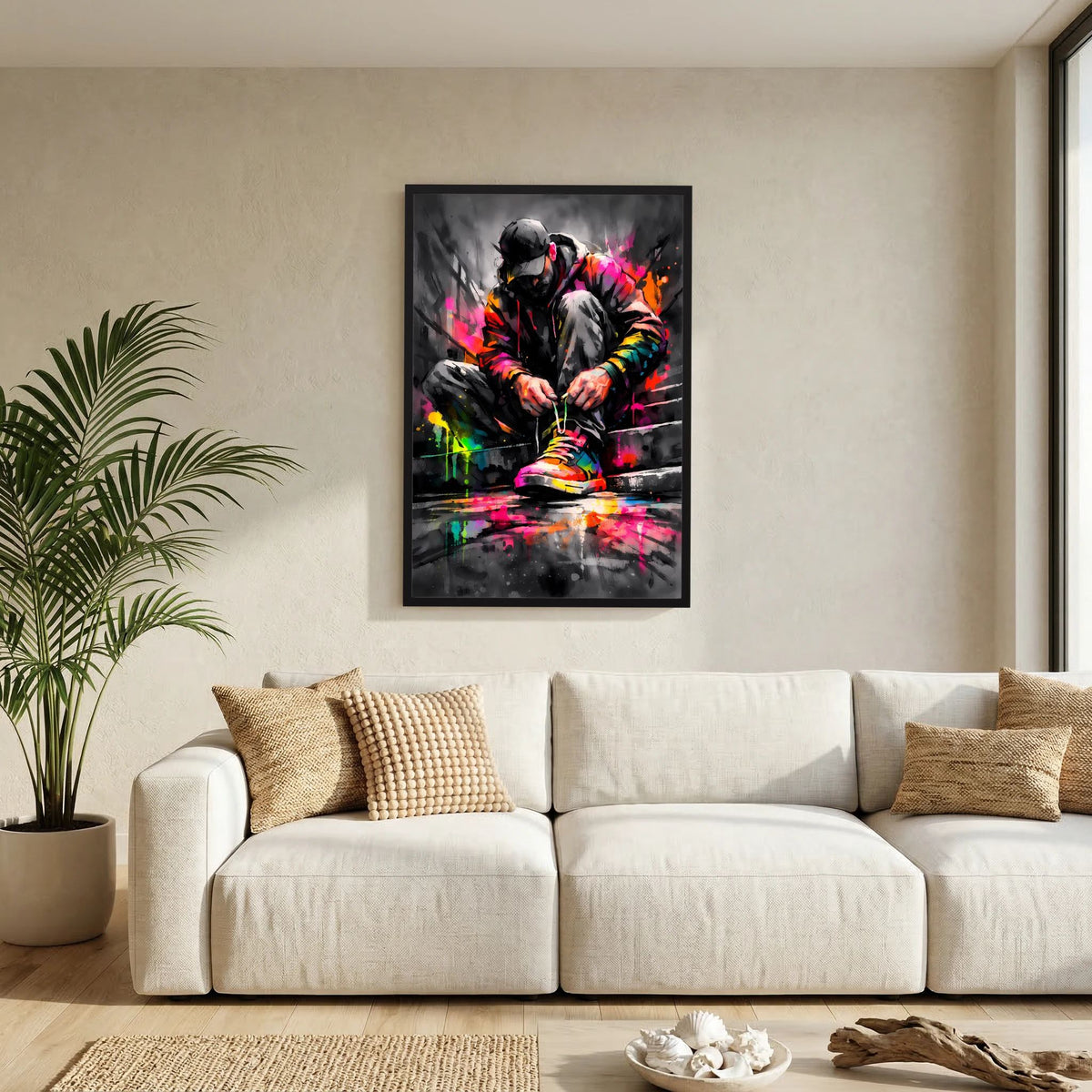 Poster im schwarzen Rahmen, knieende Figur mit bunten Farbspritzern und Turnschuhen