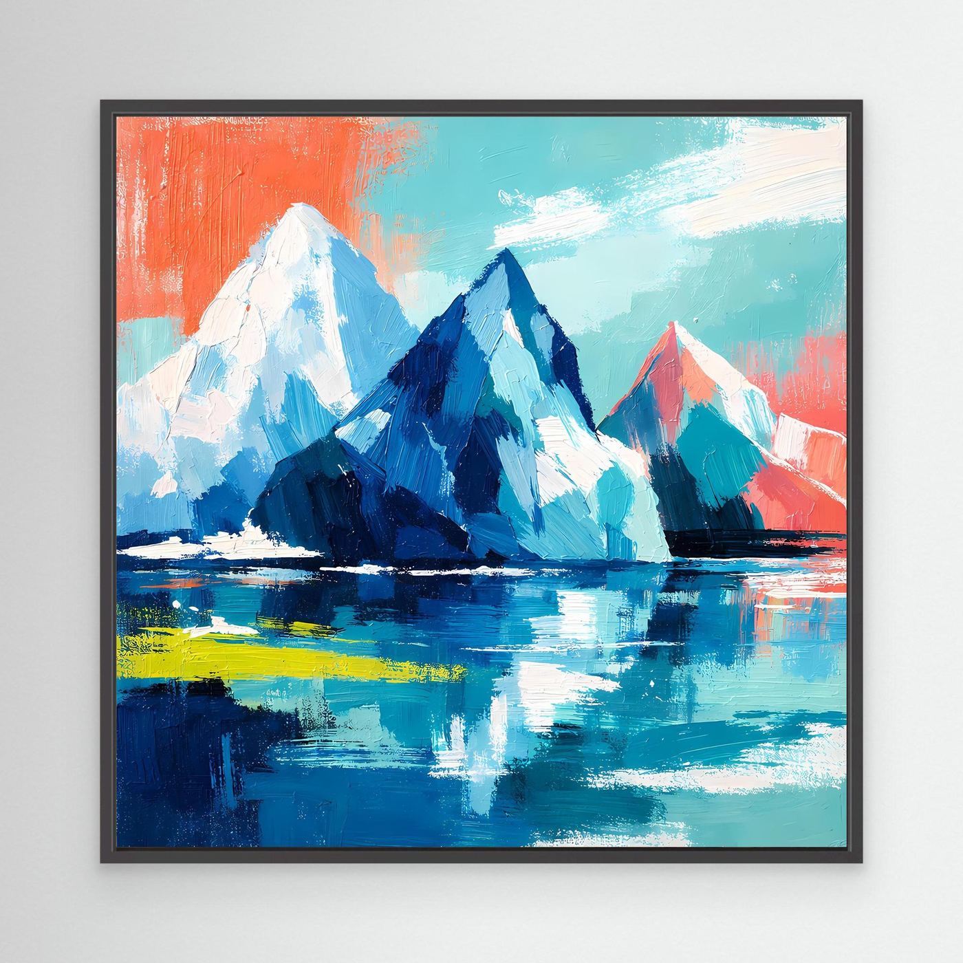 Abstract mountain and sea wall art in black frame, colorful ice peaks with mirror-like water