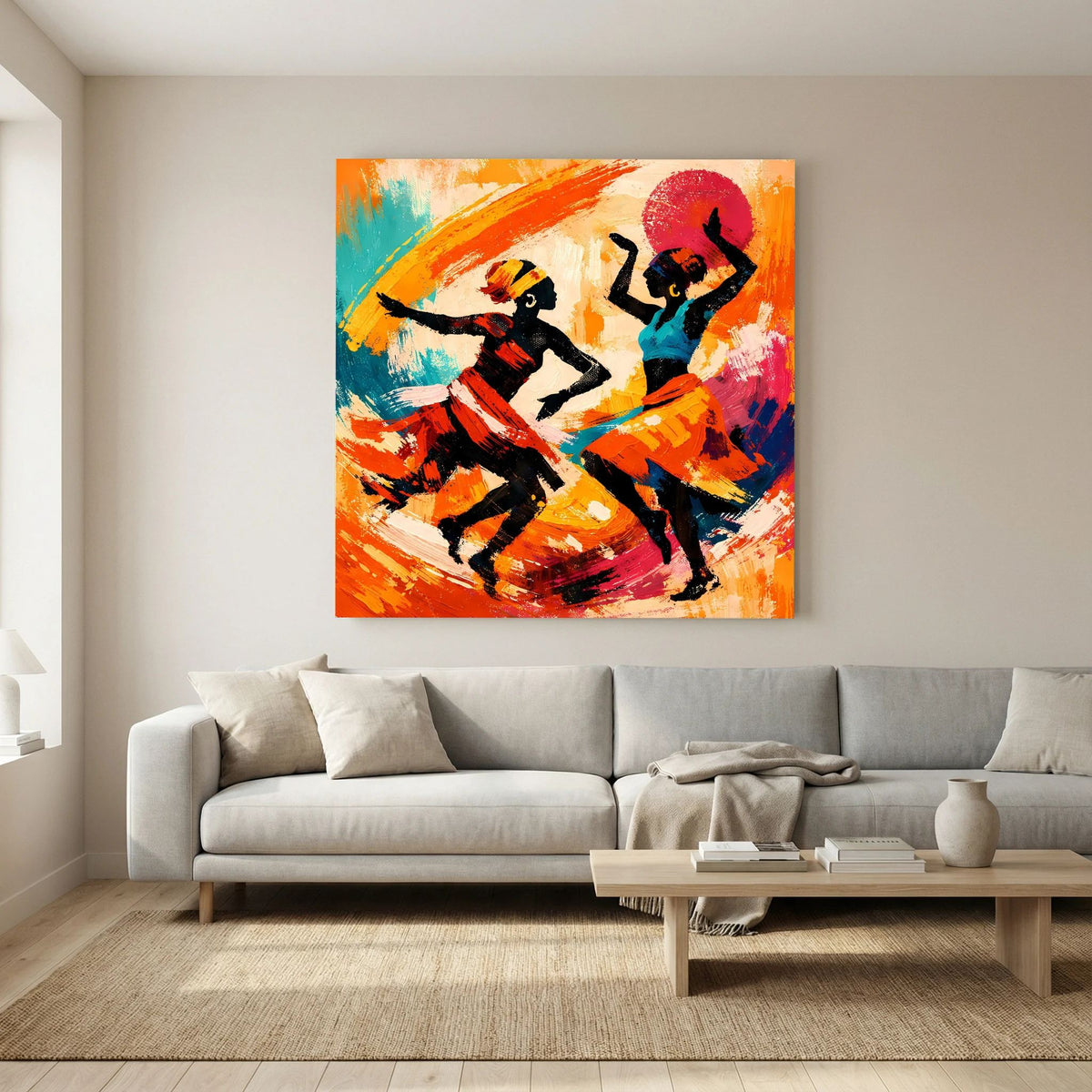 Wandbild mit zwei tanzenden Figuren, abstrakte Pinseltextur und roter Sonnenkreis oben.