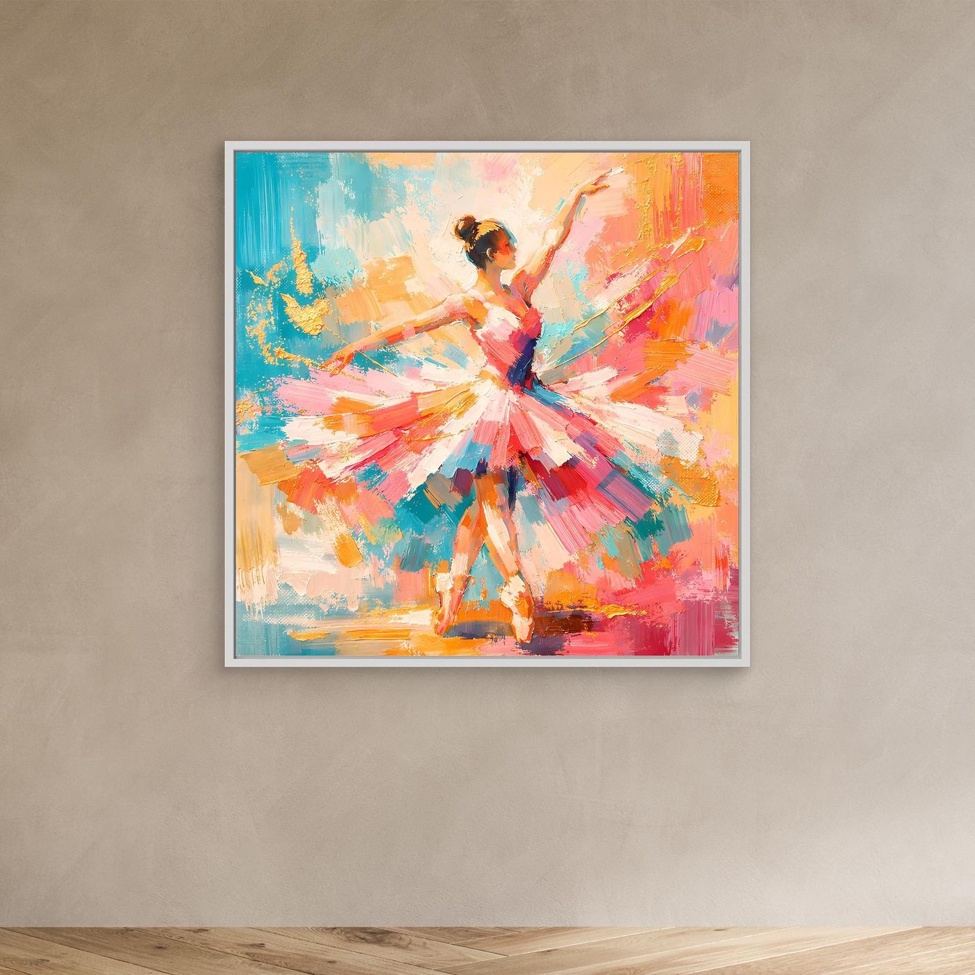 Abstraktes Leinwandbild mit Ballerina in bunten Pinselstrichen, weiß gerahmt
