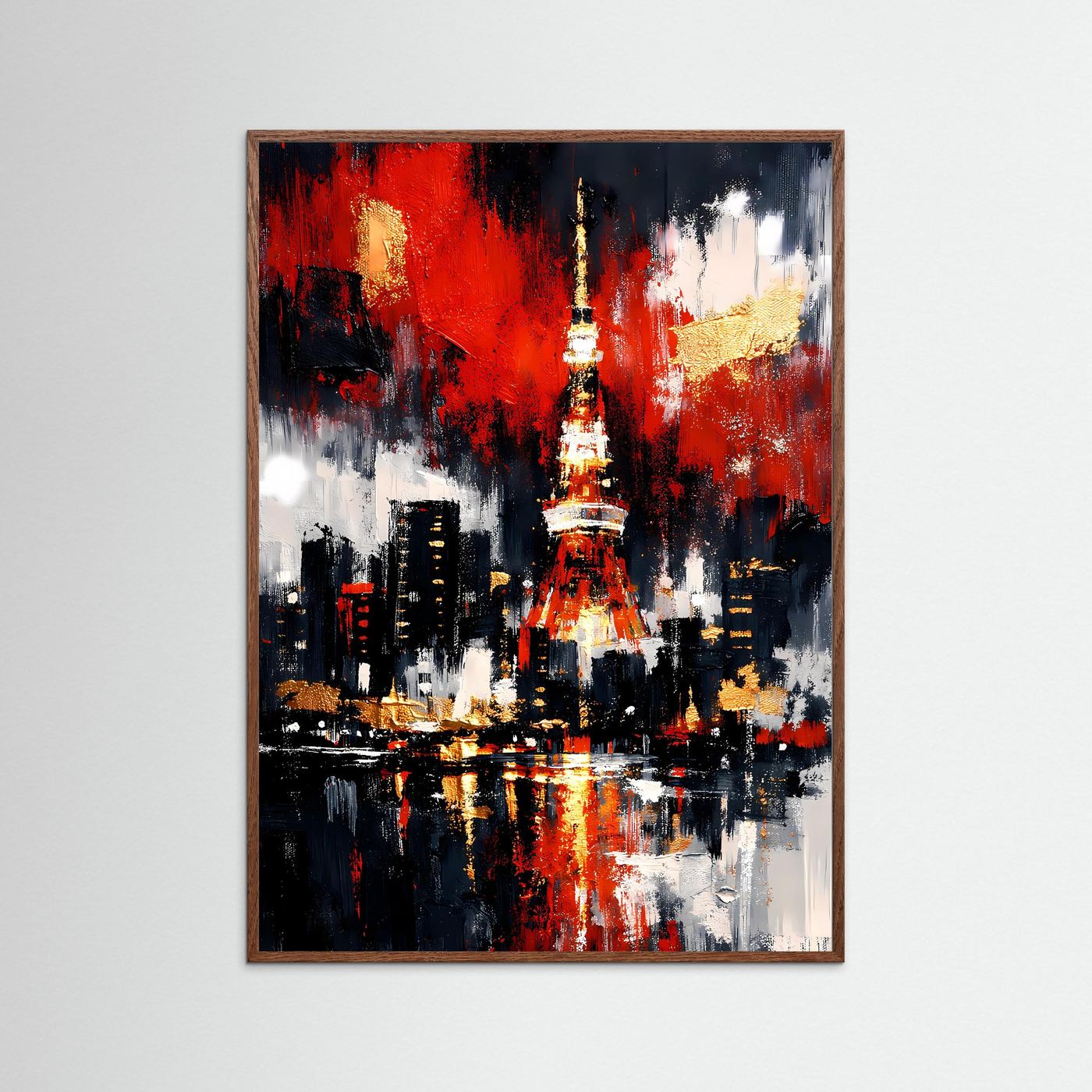 Abstraktes Skyline-Poster mit rotem und goldenem Turm; schwarzer Stadt; Spiegelung im Wasser, brauner Rahmen