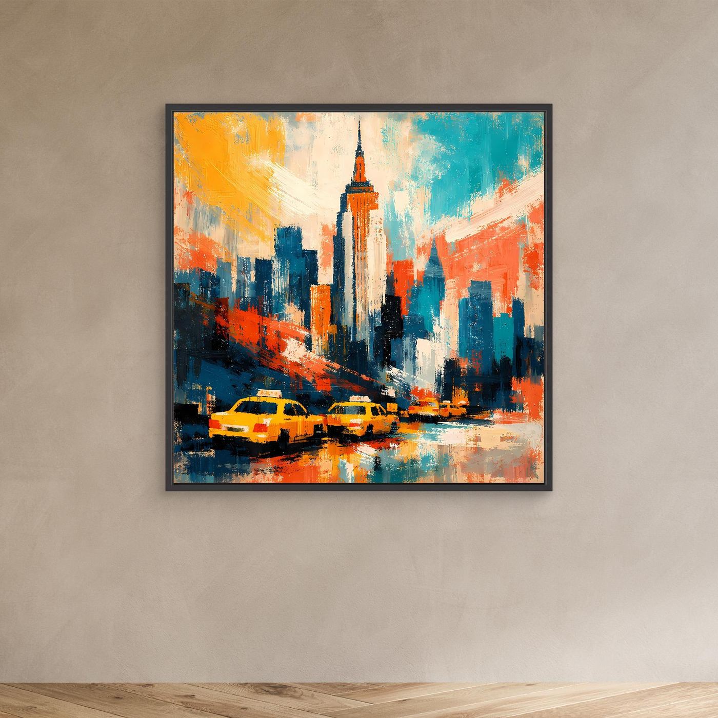 Gerahmtes abstraktes Wandbild mit New-York-Skyline und gelben Taxis in Blau und Orange.
