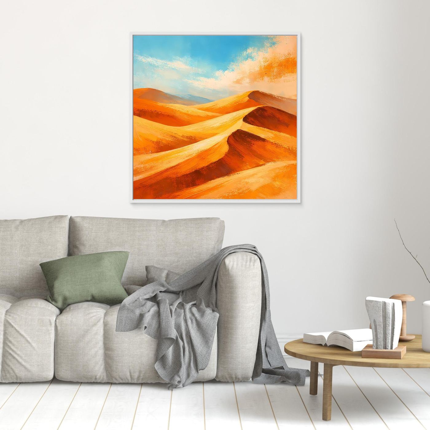 Desert landscape abstract wall art with orange dunes and blue sky, light wood-style frame