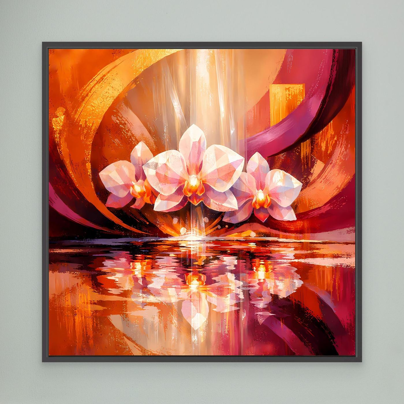 Leinwandbild mit abstrakten Orchideen, orange-roter Farbfläche und Spiegelung im Wasser, schwarz gerahmt