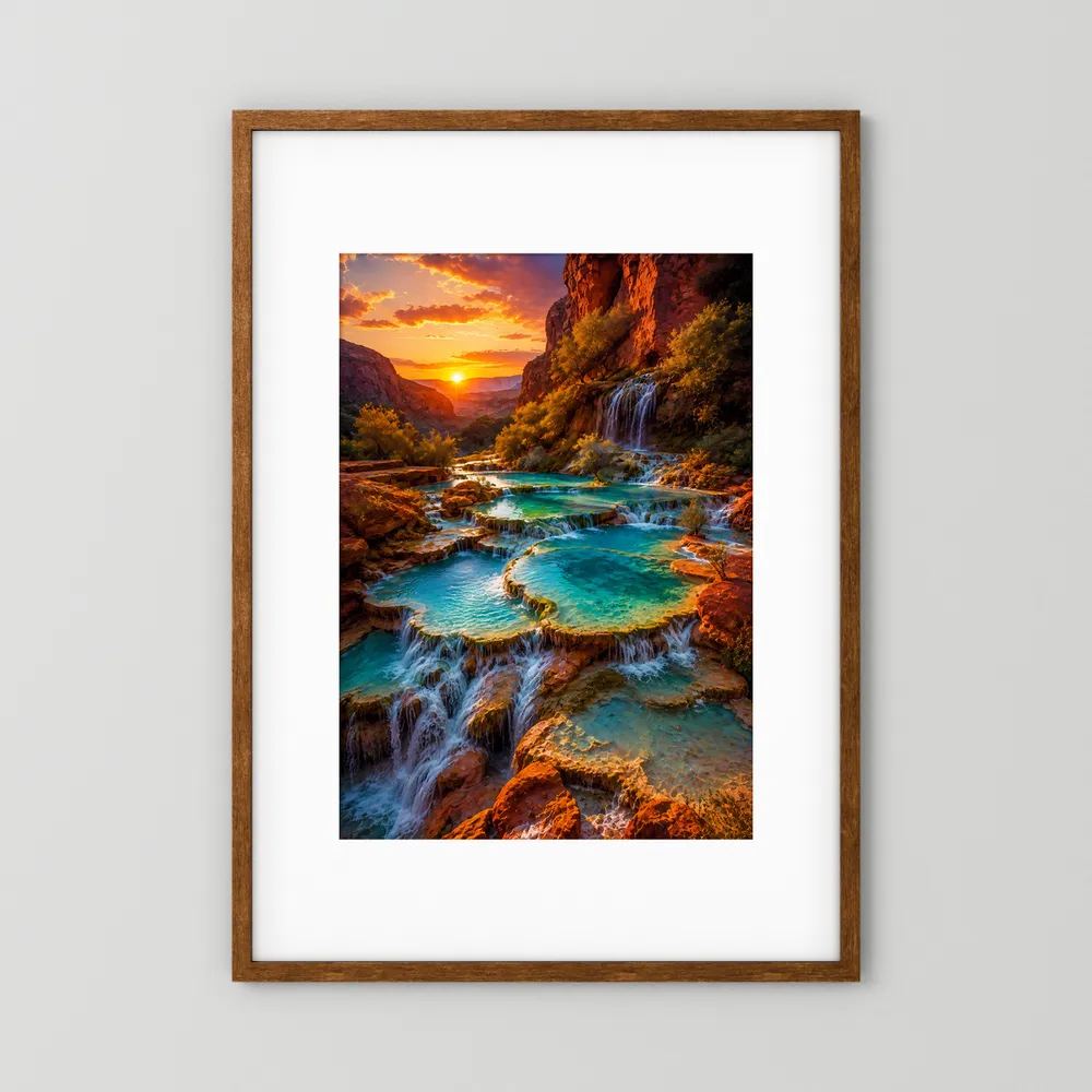 Hochformat-Poster mit braunem Holzrahmen, Canyon-Wasserfällen und türkisfarbenen Naturpools bei Sonnenuntergang