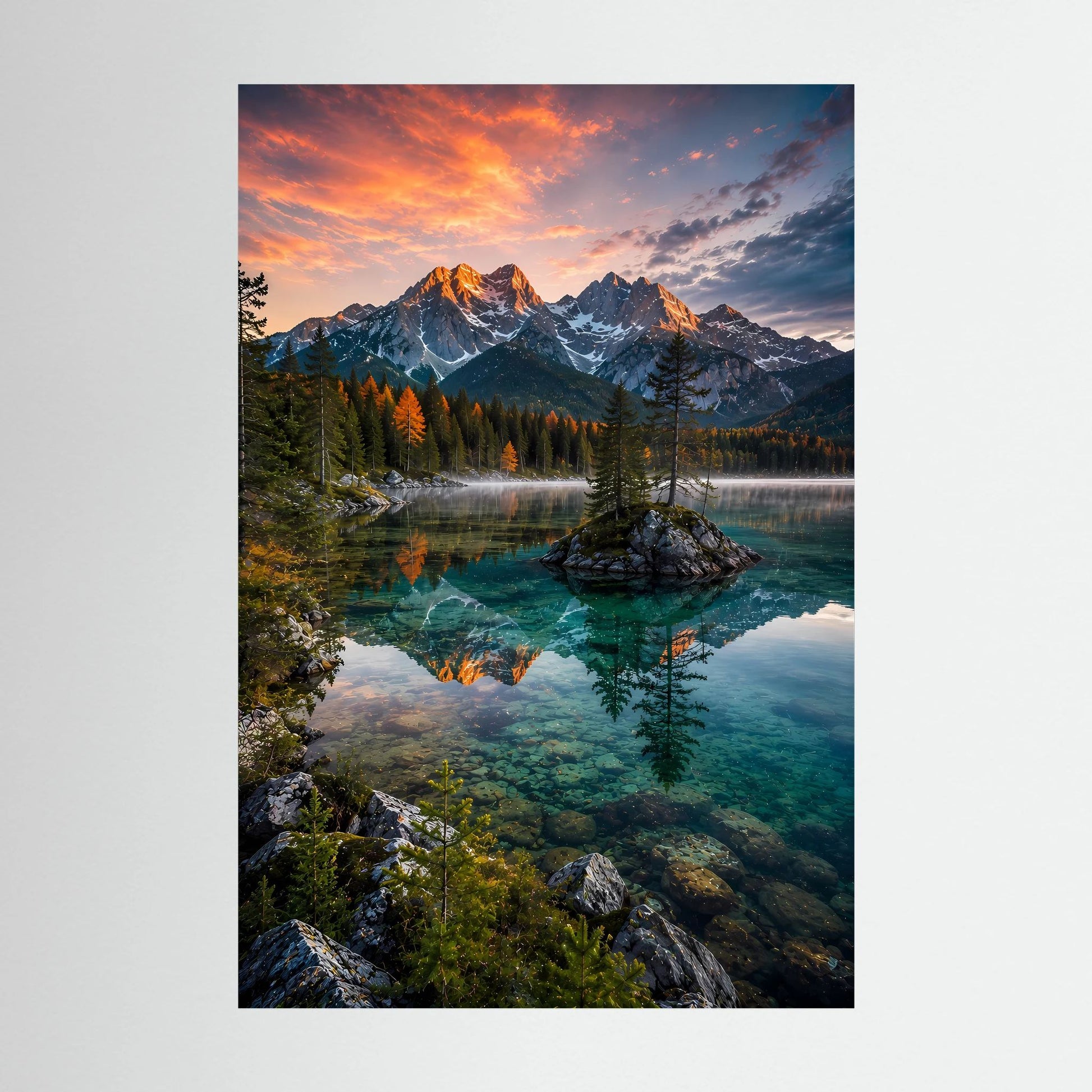 Kristallklarer Bergsee im Abendlicht | Bergpanorama mit Spiegelung | Poster Hochformat