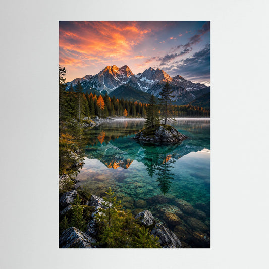Kristallklarer Bergsee im Abendlicht | Bergpanorama mit Spiegelung | Poster Hochformat