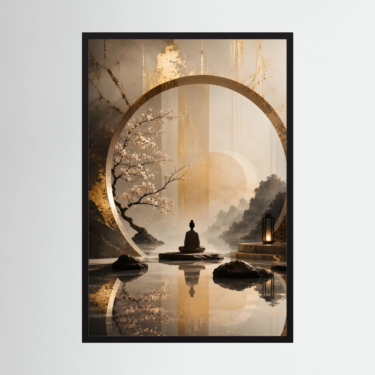 Zen-Kunstposter im goldenen Kreis mit sitzender Figur, Kirschblüten in Beige, schwarzer Rahmen