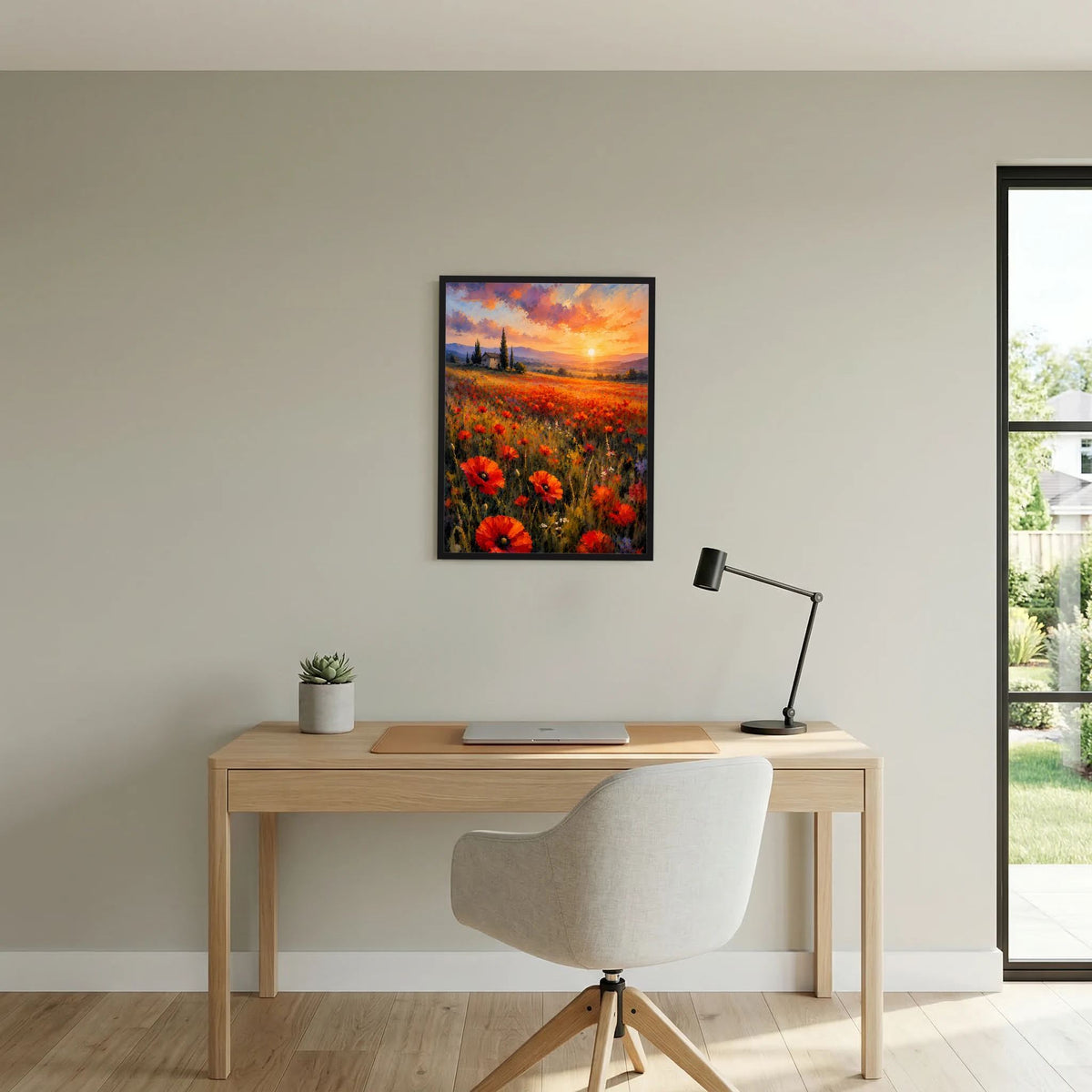 Wandposter mit Mohnblumen und Sonnenuntergang, orangefarbene Wolken über der Kirche