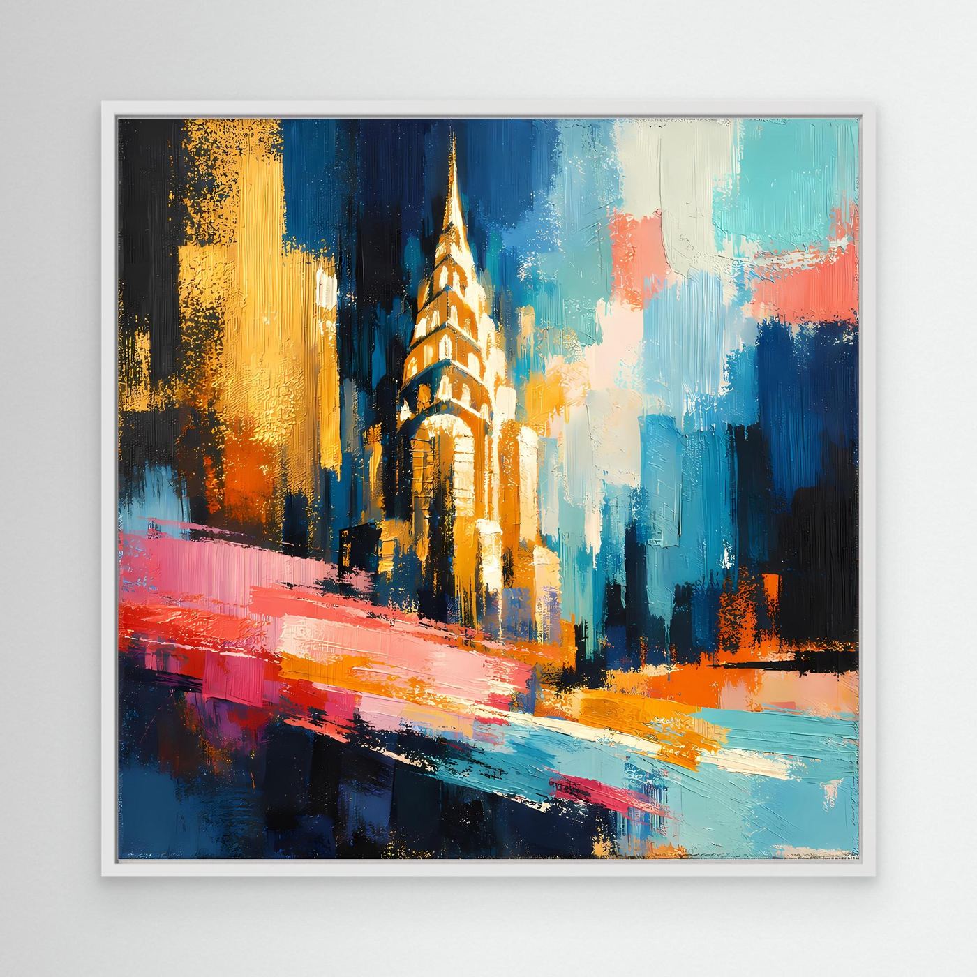 Leinwand-Wandbild im weißen Rahmen mit abstrakter Architektur: goldener Turm, bunte Akzente