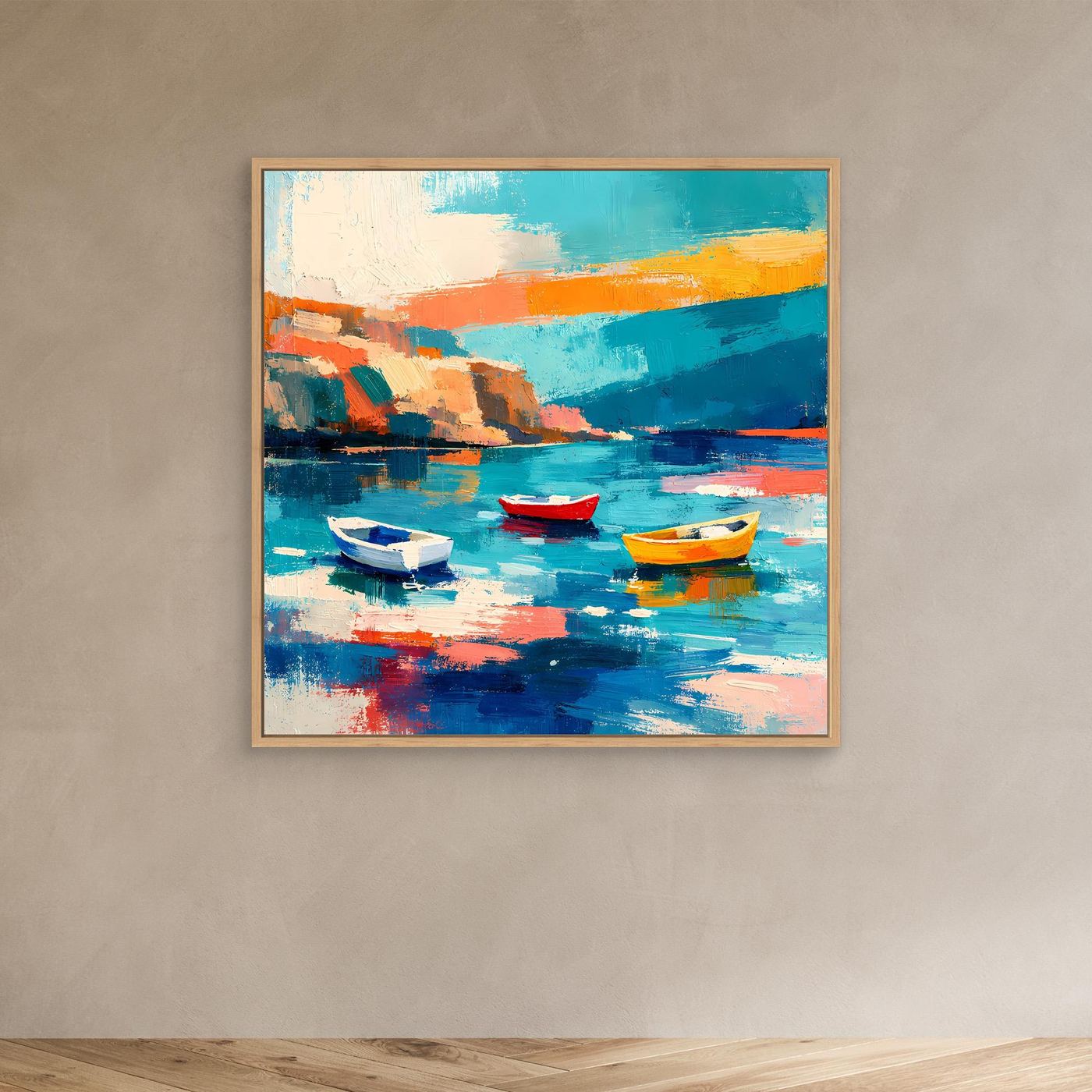 Abstraktes Leinwandbild mit Hafen und drei Booten, im Eichenrahmen