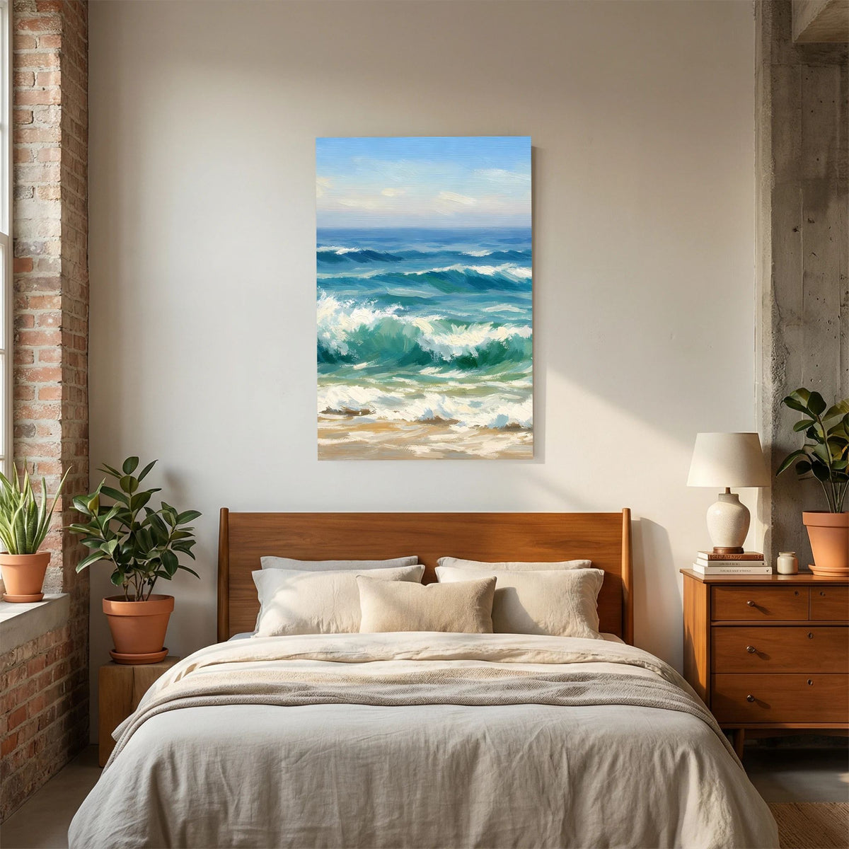 Hochformatiges Wandbild: ruhiges Meer mit Wellen, türkisgrünem Wasser und hellem Sand