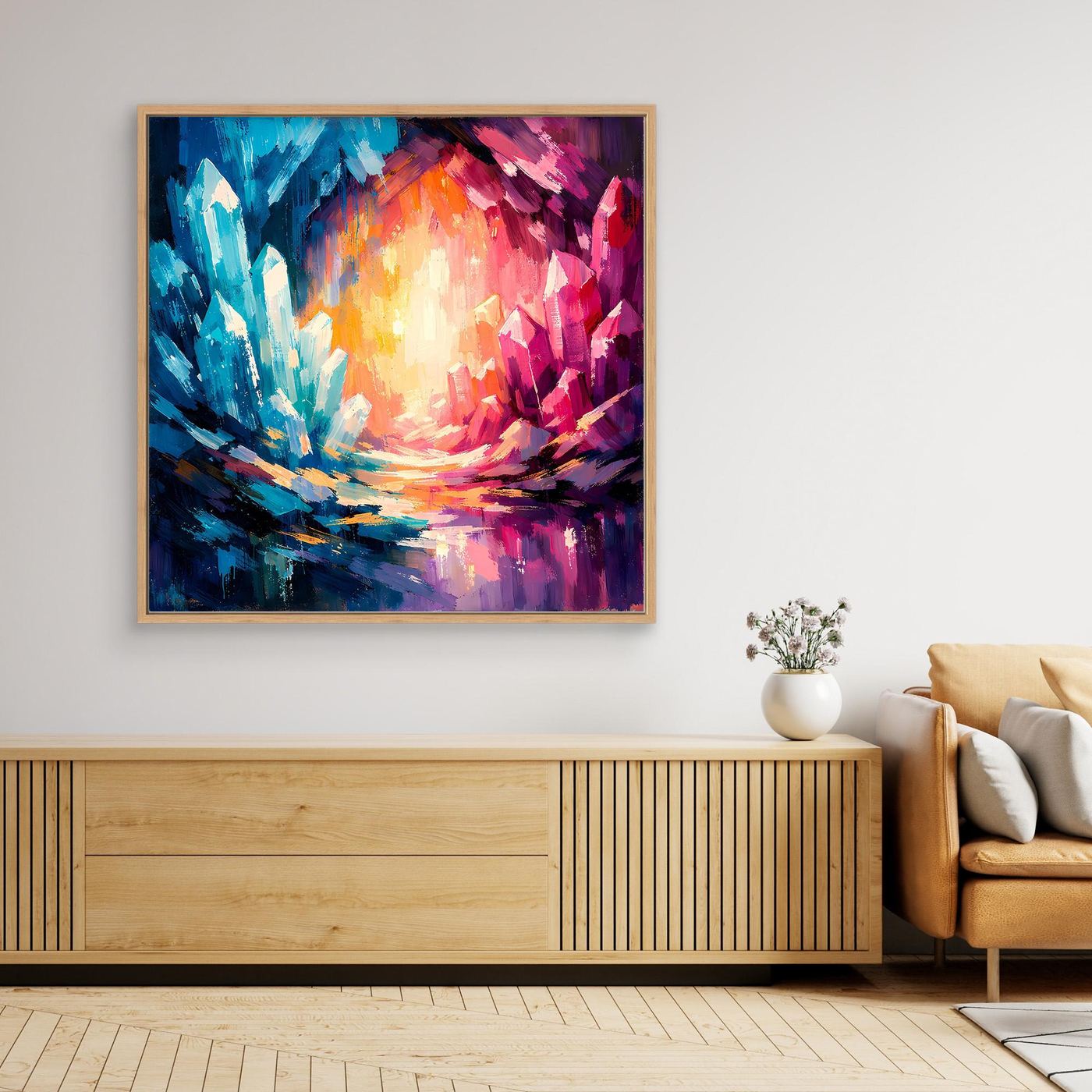 Abstract crystal canvas wall art with blue, pink, and purple glow in a wood frame