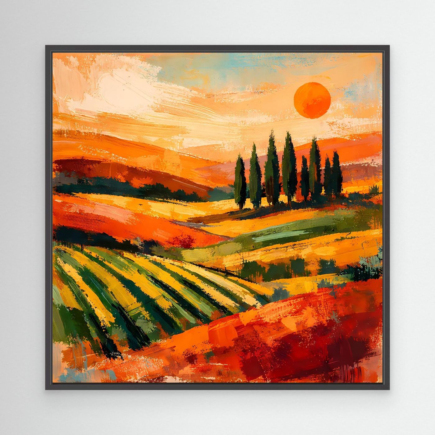 Leinwand-Wandbild mit toskanischer Hügellandschaft, Zypressen und Sonnenuntergang, schwarzer Rahmen