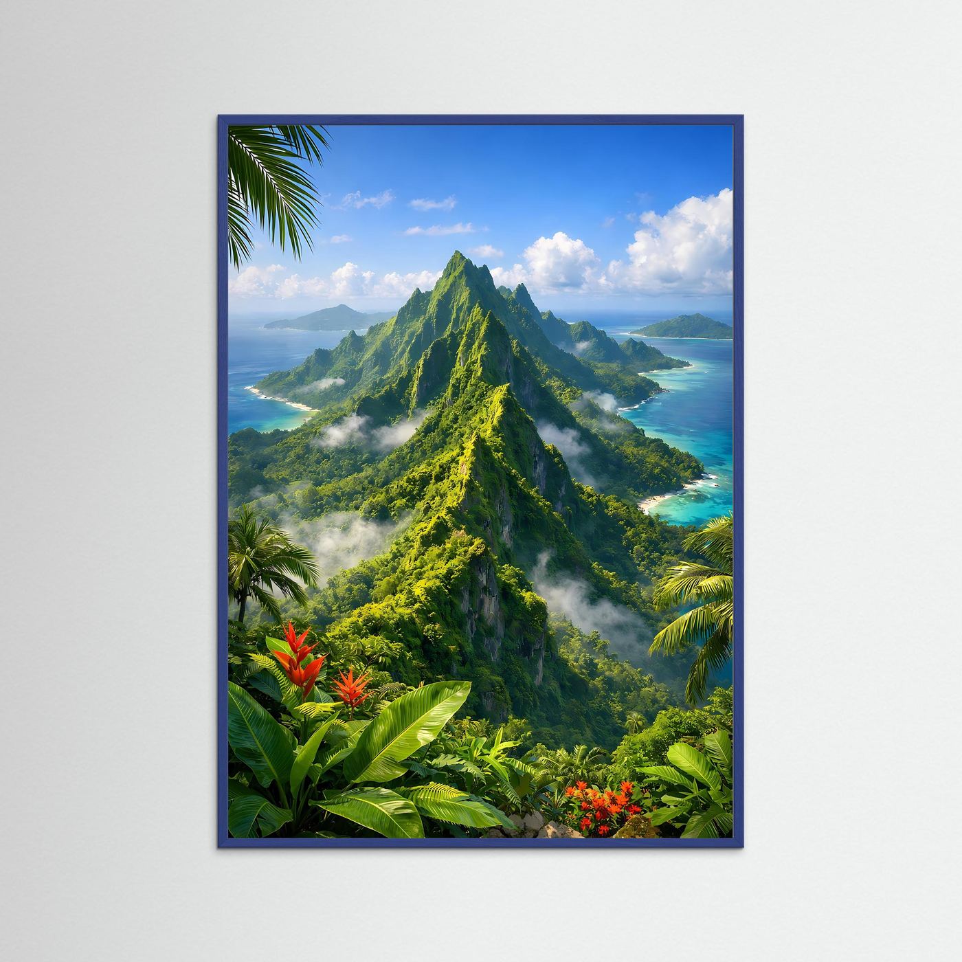 Tropen-Naturposter im Hochformat mit grünen Bergen, Dschungel und türkisfarbenem Meer