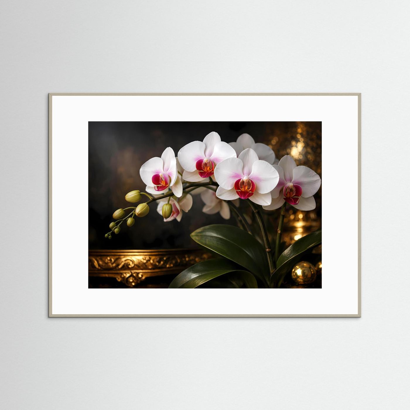 Blumenposter im Querformat mit weißen Orchideen und grünen Blättern, beiger Rahmen