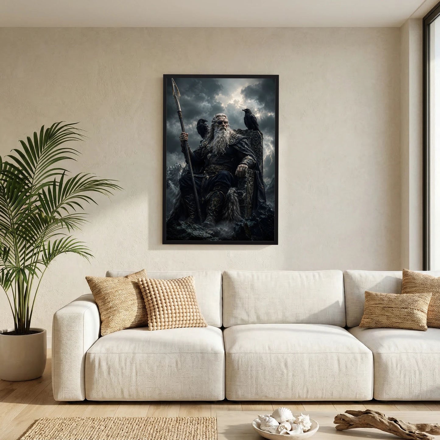 Wandposter im Hochformat: Wikingerkrieger mit Speer und Rabe, Schwarz-Gold