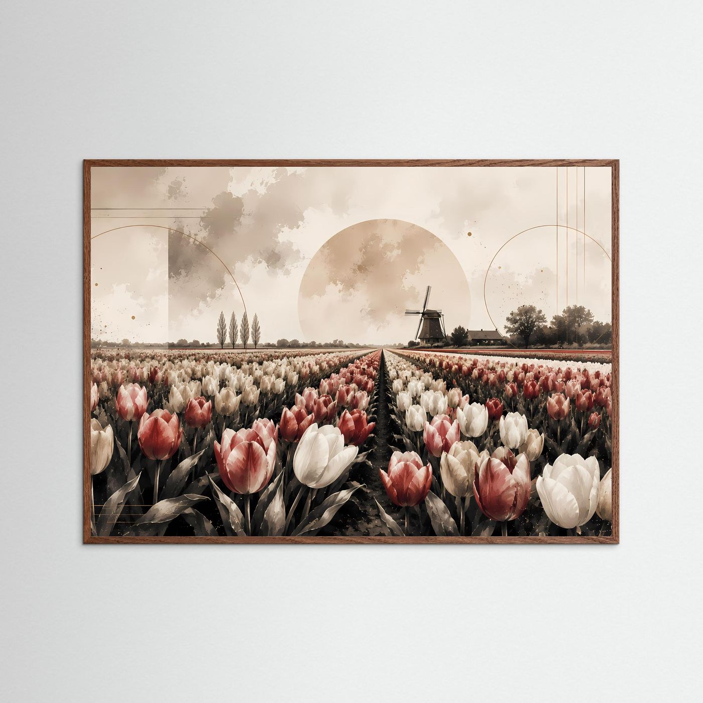 Poster Querformat mit Tulpenfeld und Windmühle, Beige-Rosa-Creme, Eichenrahmen dunkel