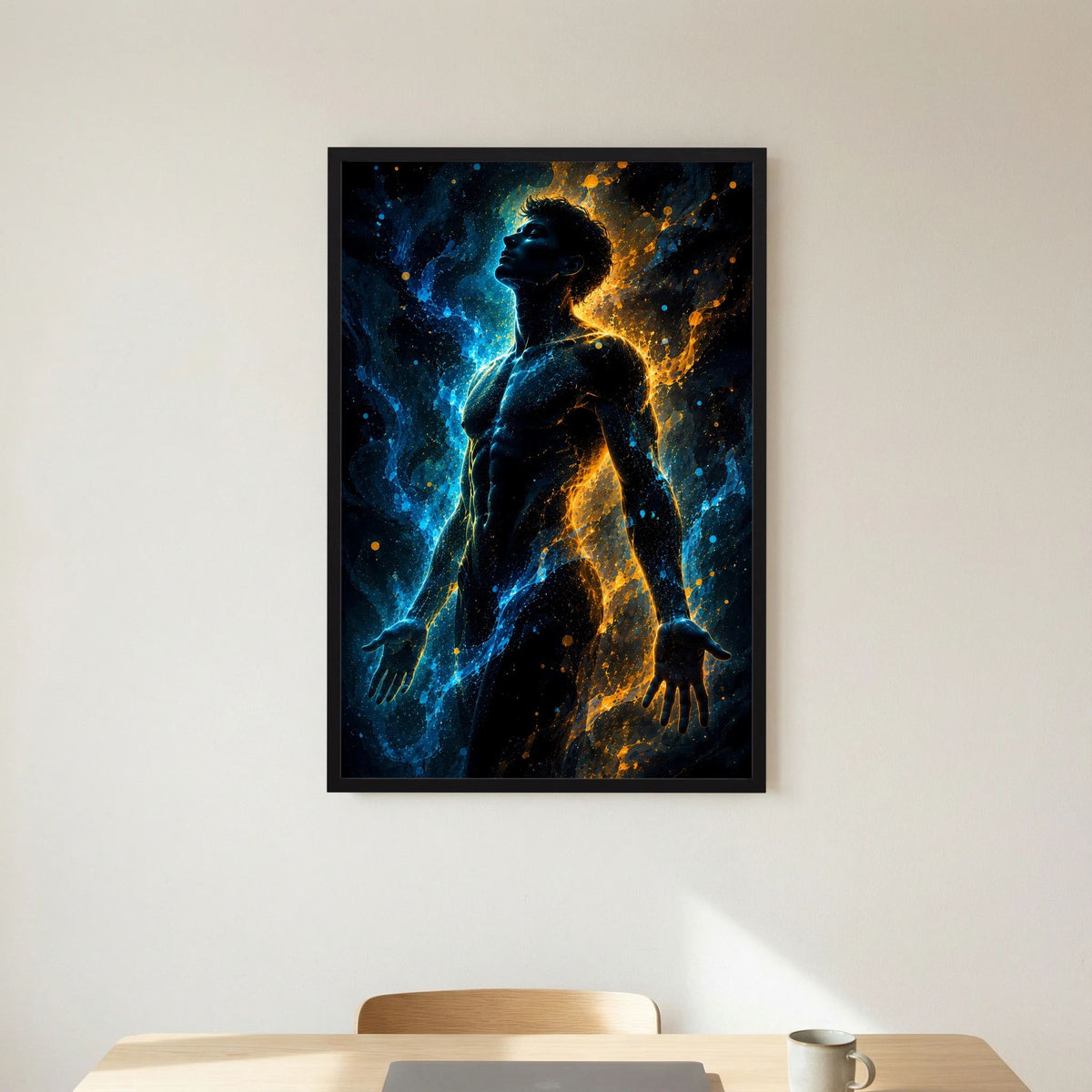 Hochformatiges Wandposter mit männlicher Silhouette, Blau-Gold-Look, schwarzer Rahmen
