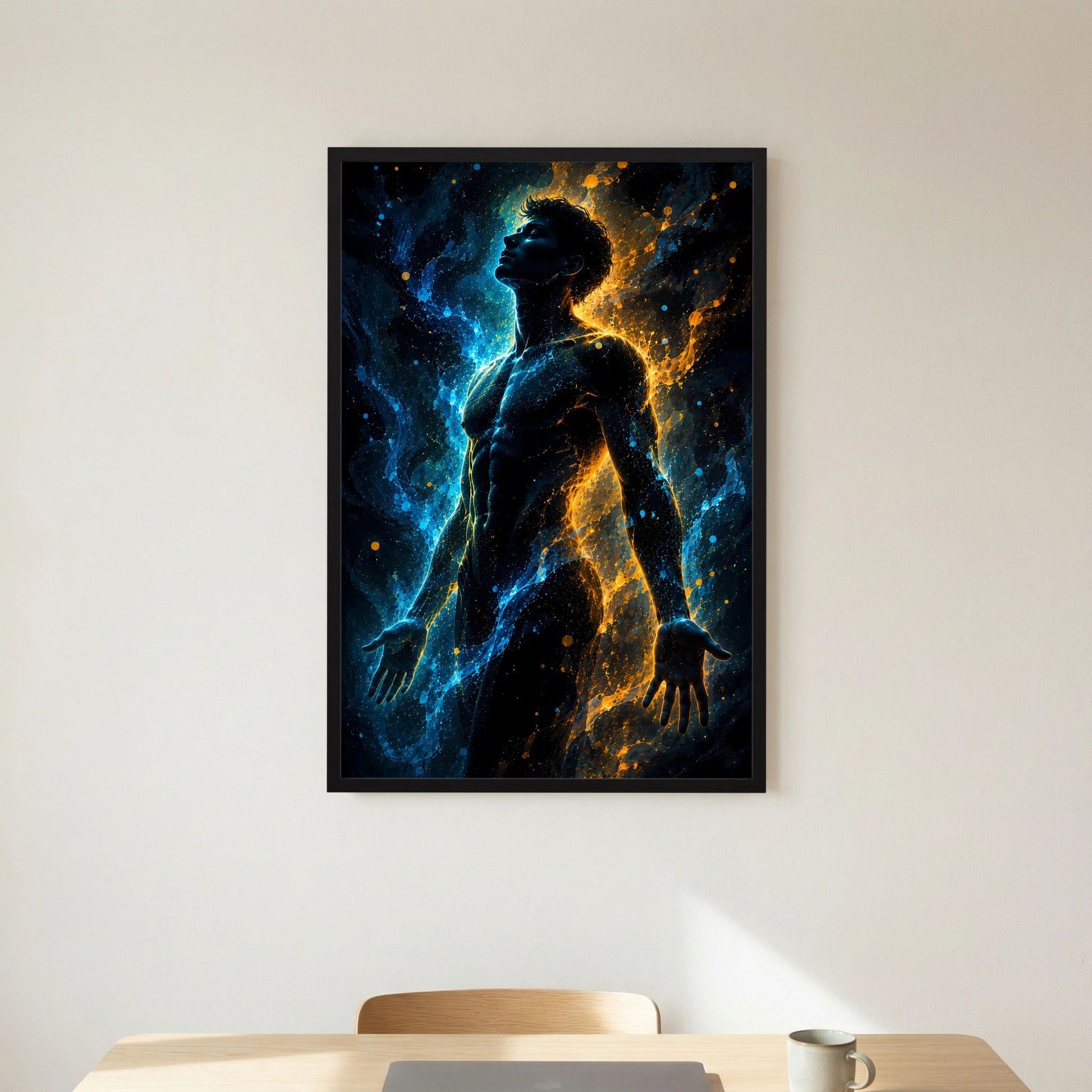 Hochformatiges Wandposter mit männlicher Silhouette, Blau-Gold-Look, schwarzer Rahmen