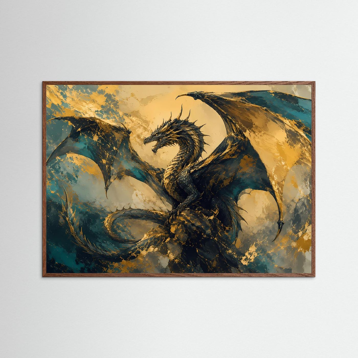 Fantasy-Poster mit Drachen in Gold- und Blautönen, dunkler Eichenrahmen, Querformat