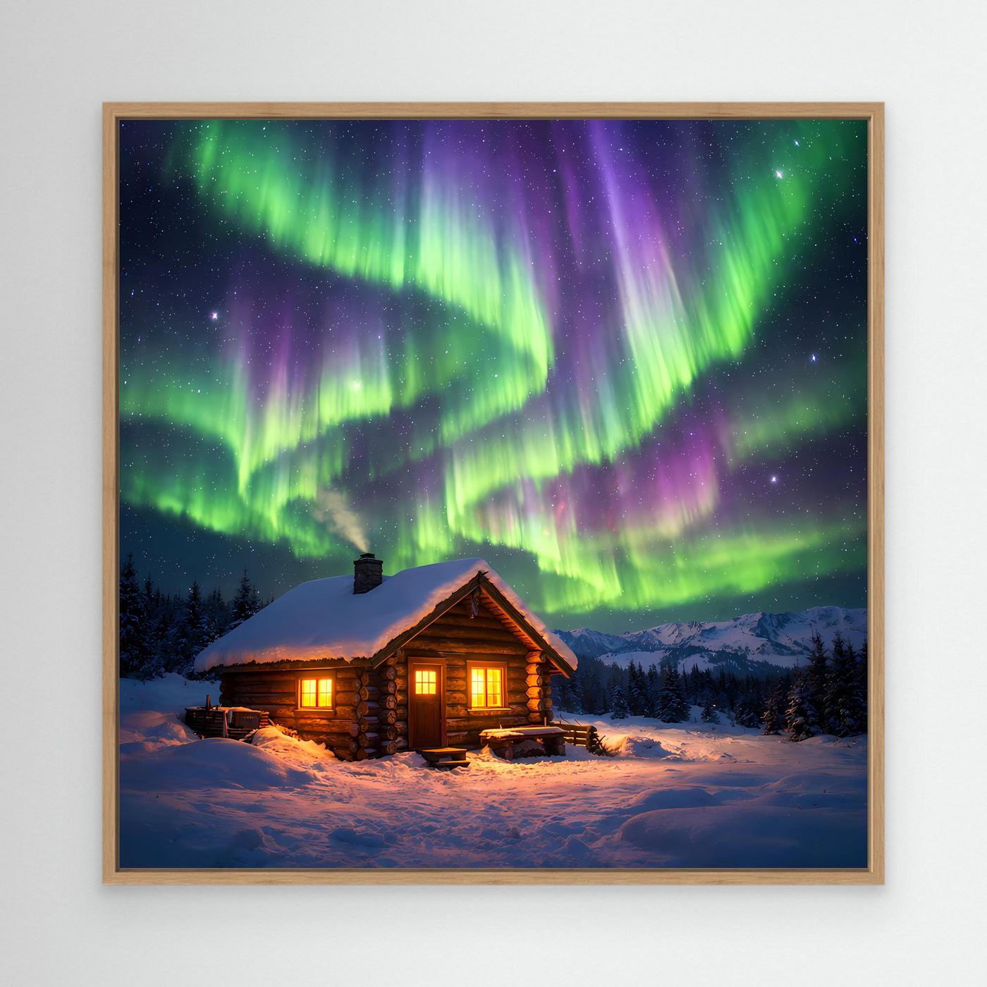 Leinwandbild mit Polarlichtern und Hütte im Winter, Eichenrahmen, warm beleuchtete Fenster
