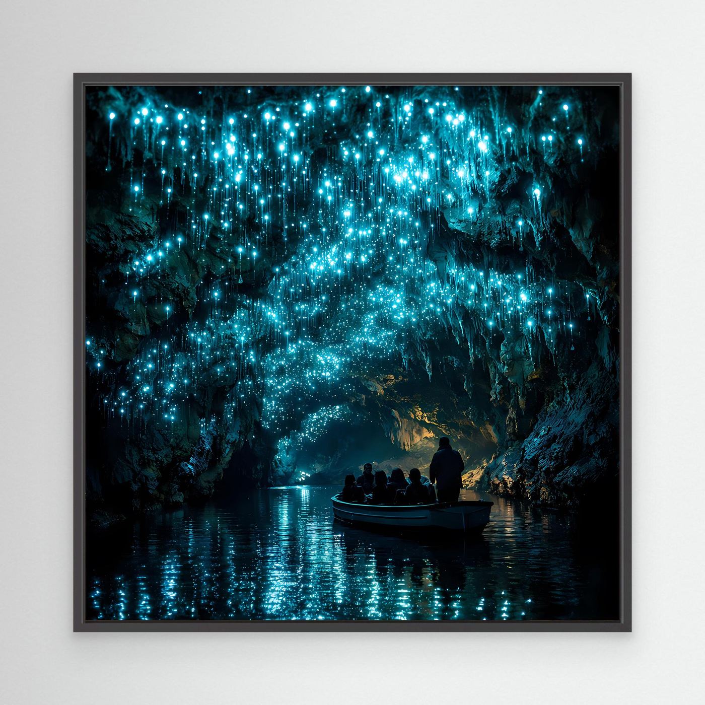 Leinwandbild im schwarzen Rahmen mit glühenden Glühwürmchen in der Höhle und Boot auf dem See