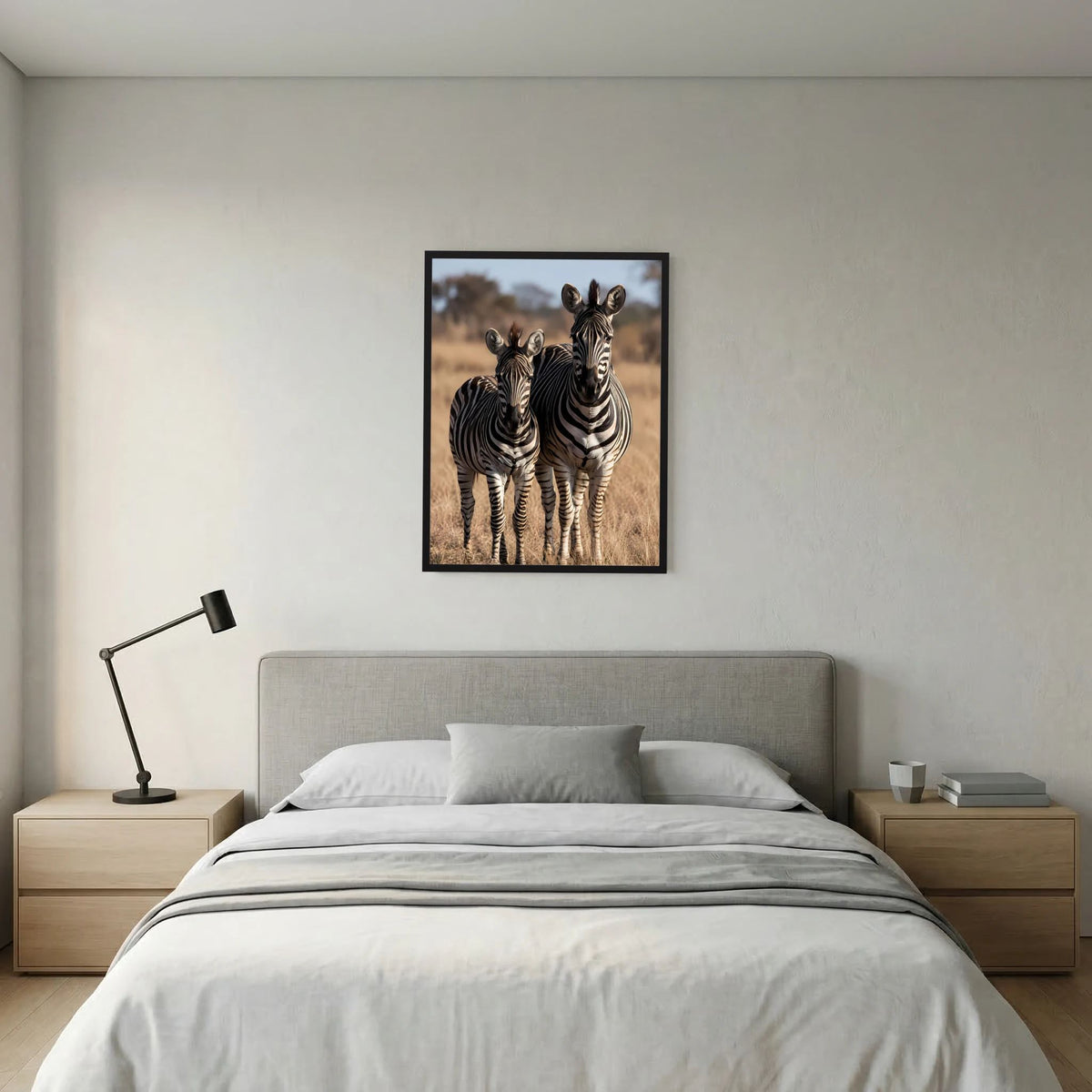 Wandposter mit Zebras (Mutter und Jungtier) im schwarzen Rahmen, hochformatig.
