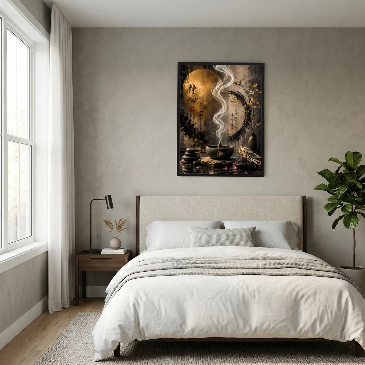 Gerahmter Poster im Hochformat mit goldenem Kreis, Kerzen und aufsteigendem Rauch
