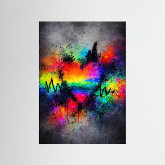 Abstraktes Poster mit Regenbogen-Herz und EKG-Linie, ohne Rahmen