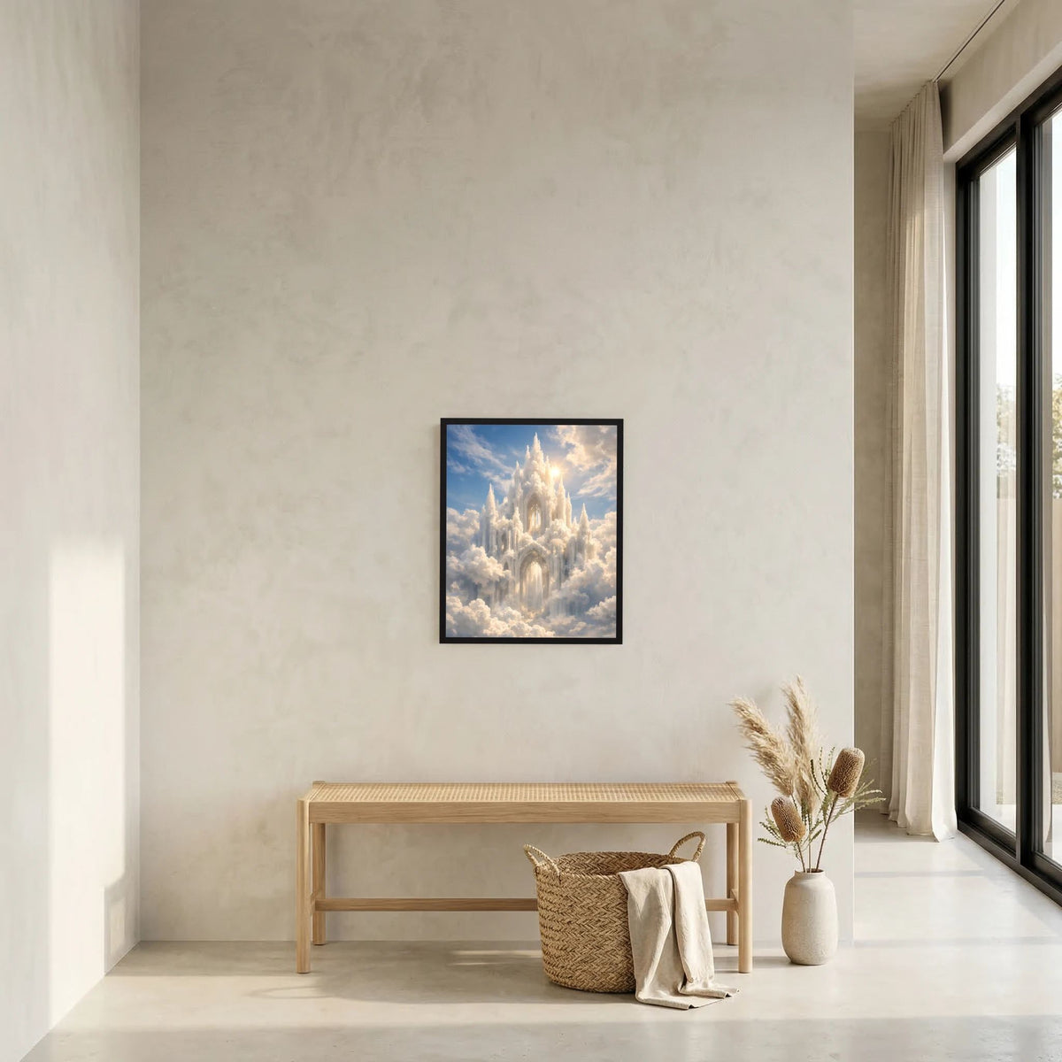Hochformat-Poster mit Schloss in Wolken und schwarzem Rahmen an heller Wand