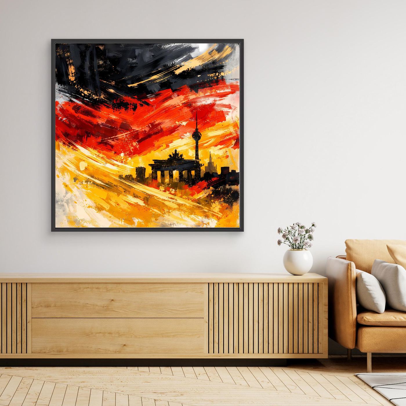 Gerahmtes Leinwandbild: abstrakte Skyline Berlin mit roten, gelben und schwarzen Pinselstrichen
