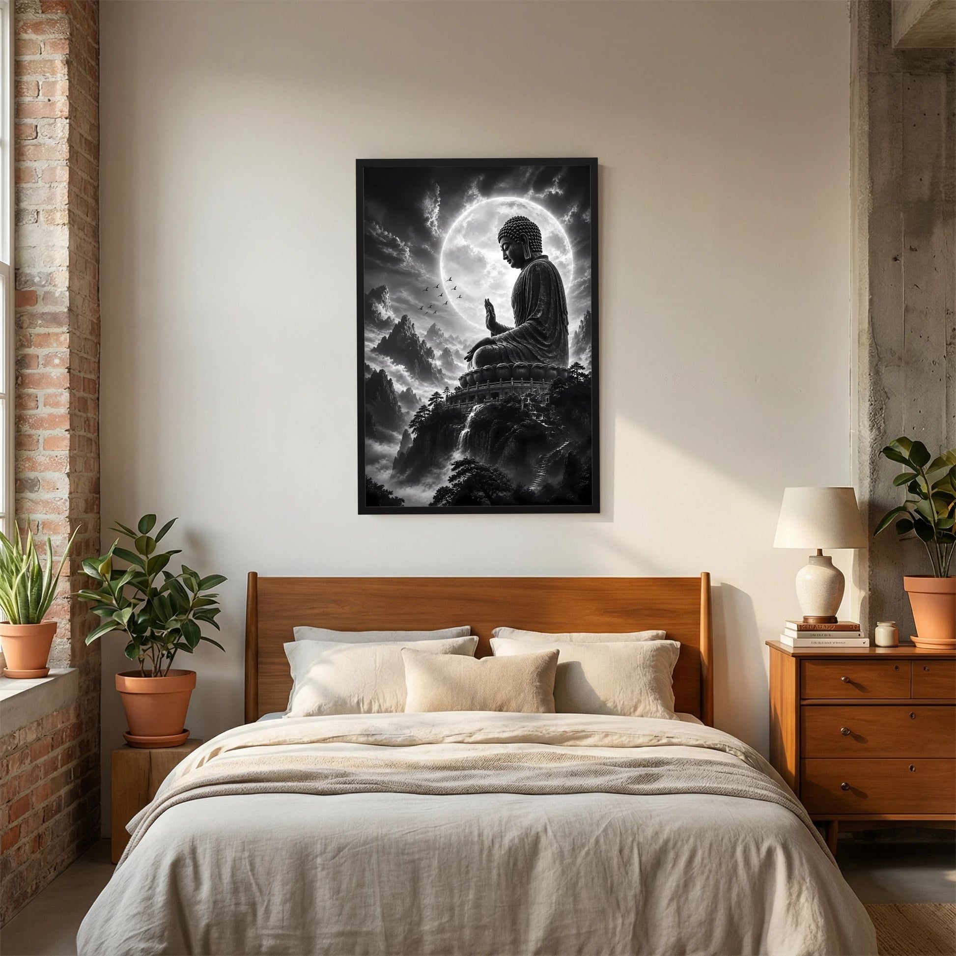 Hochformat-Poster mit Buddha-Skulptur, Mondkreis und Berglandschaft, im schwarzen Rahmen