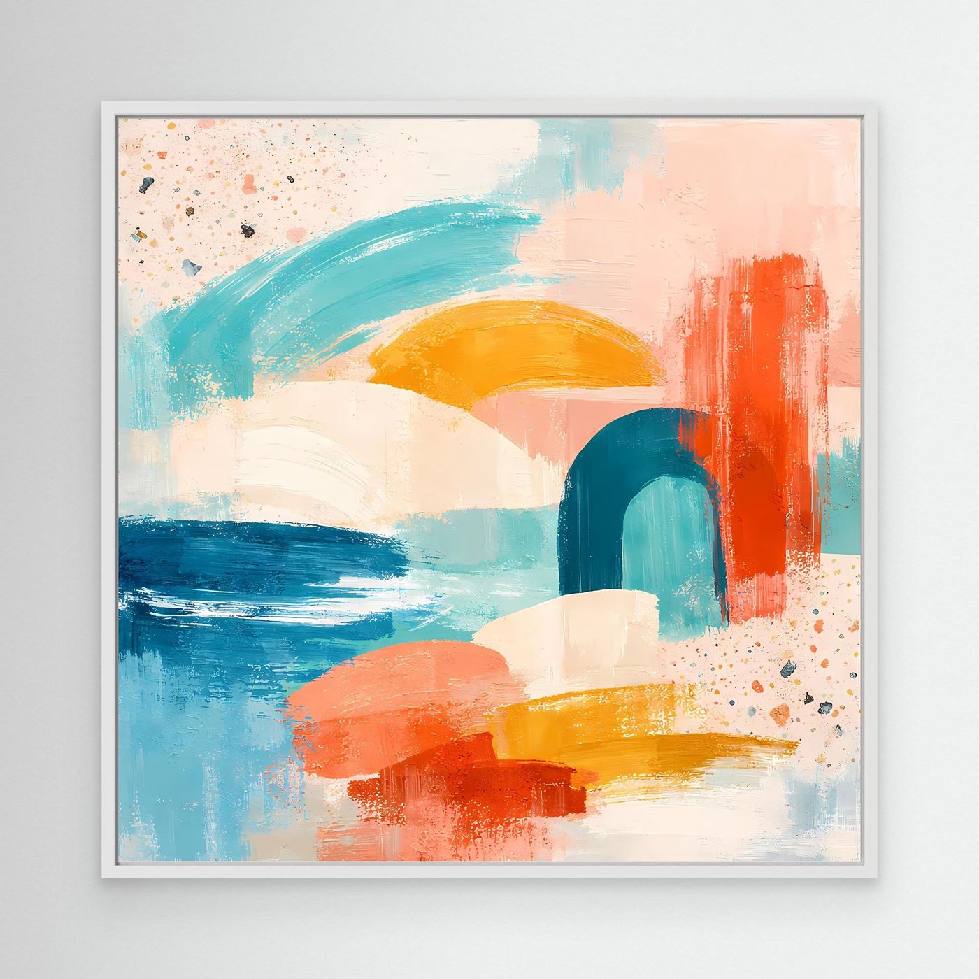 White-framed abstract pastel canvas wall art with teal, peach, orange and blue blocks