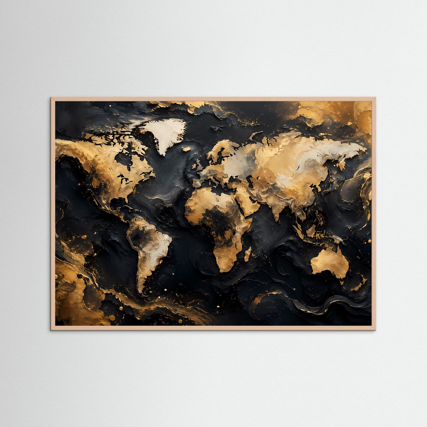 Weltkarte Poster Gold Schwarz | Moderne Weltkarte Wandbild | Luxus Landkarten Kunst | Abstrakte World Map Wanddekoration