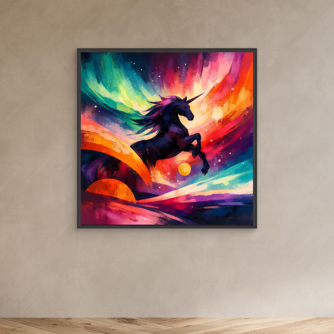 Leinwandbild mit schwarzem Einhorn auf abstraktem Regenbogen, dunkler Rahmen