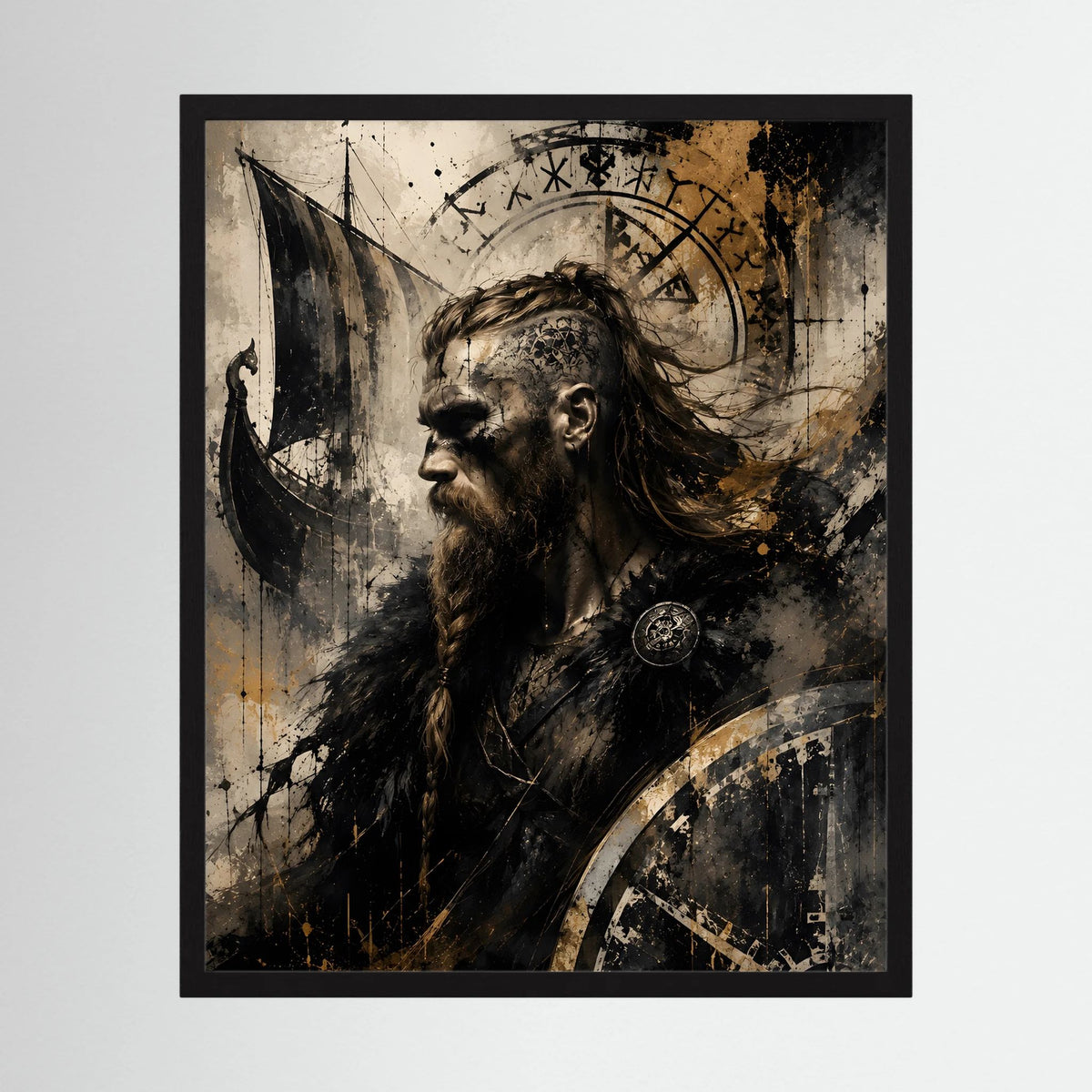 Kunstposter im Hochformat mit schwarzem Rahmen: Wikingerkrieger-Profil, Runenkreis, Langschiff.