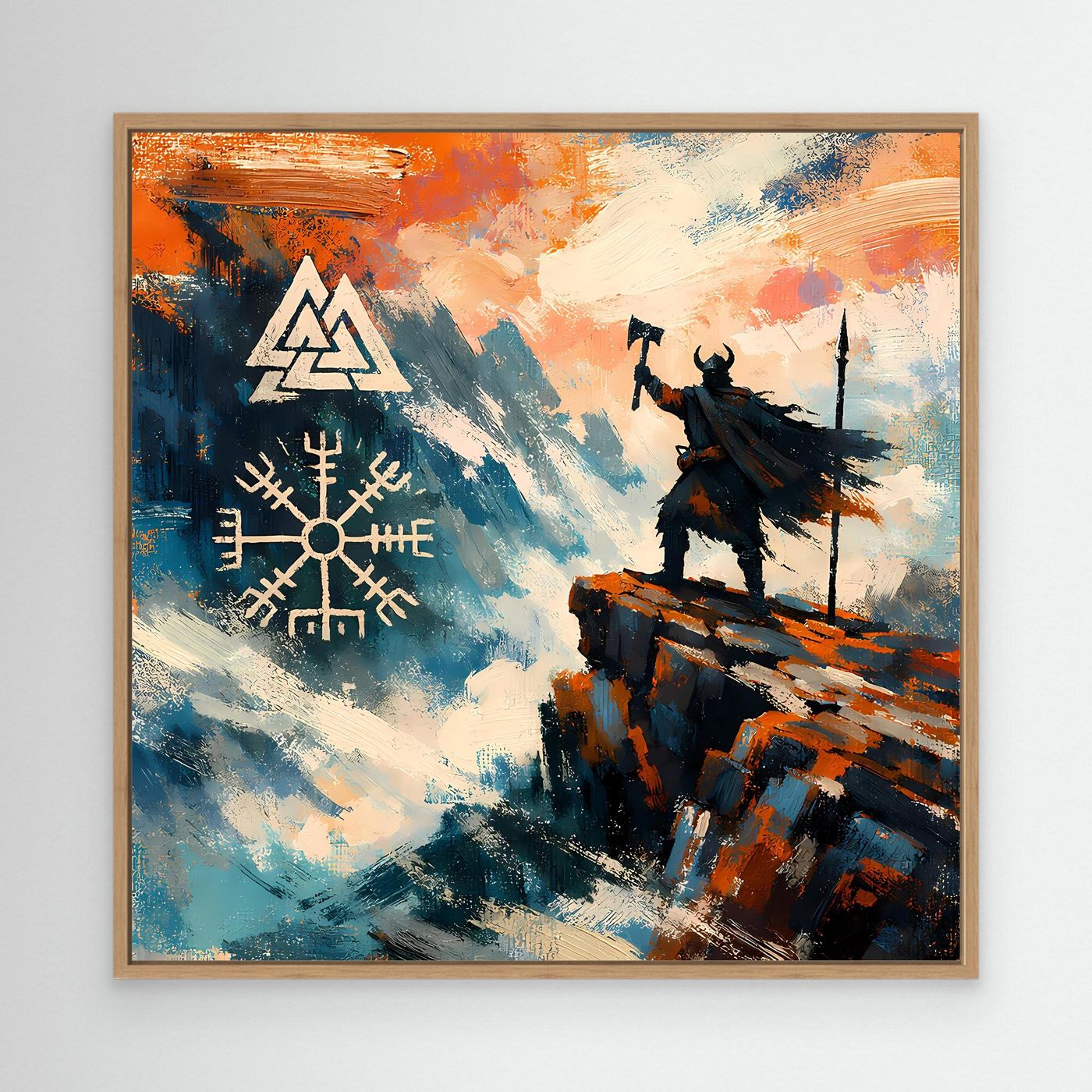 Leinwand-Wandbild mit Wikingerfigur auf Felsen, Vegvisir-Symbol; brauner Holzrahmen