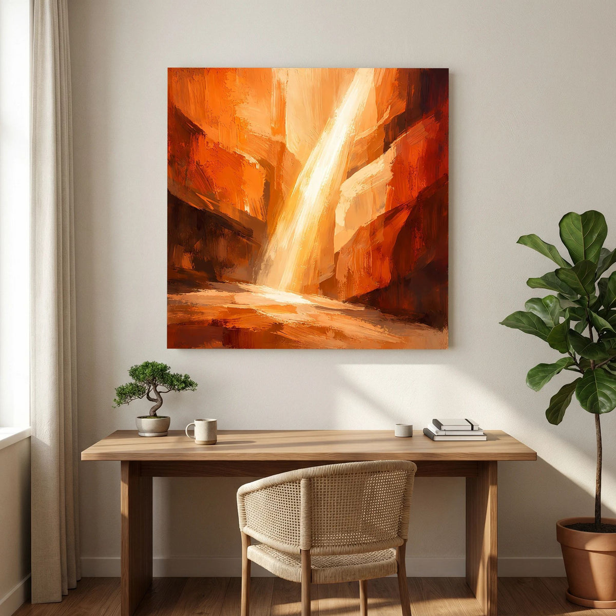 Abstraktes Leinwand-Wandbild mit orangefarbenen Felsflächen und weißem Lichtbogen