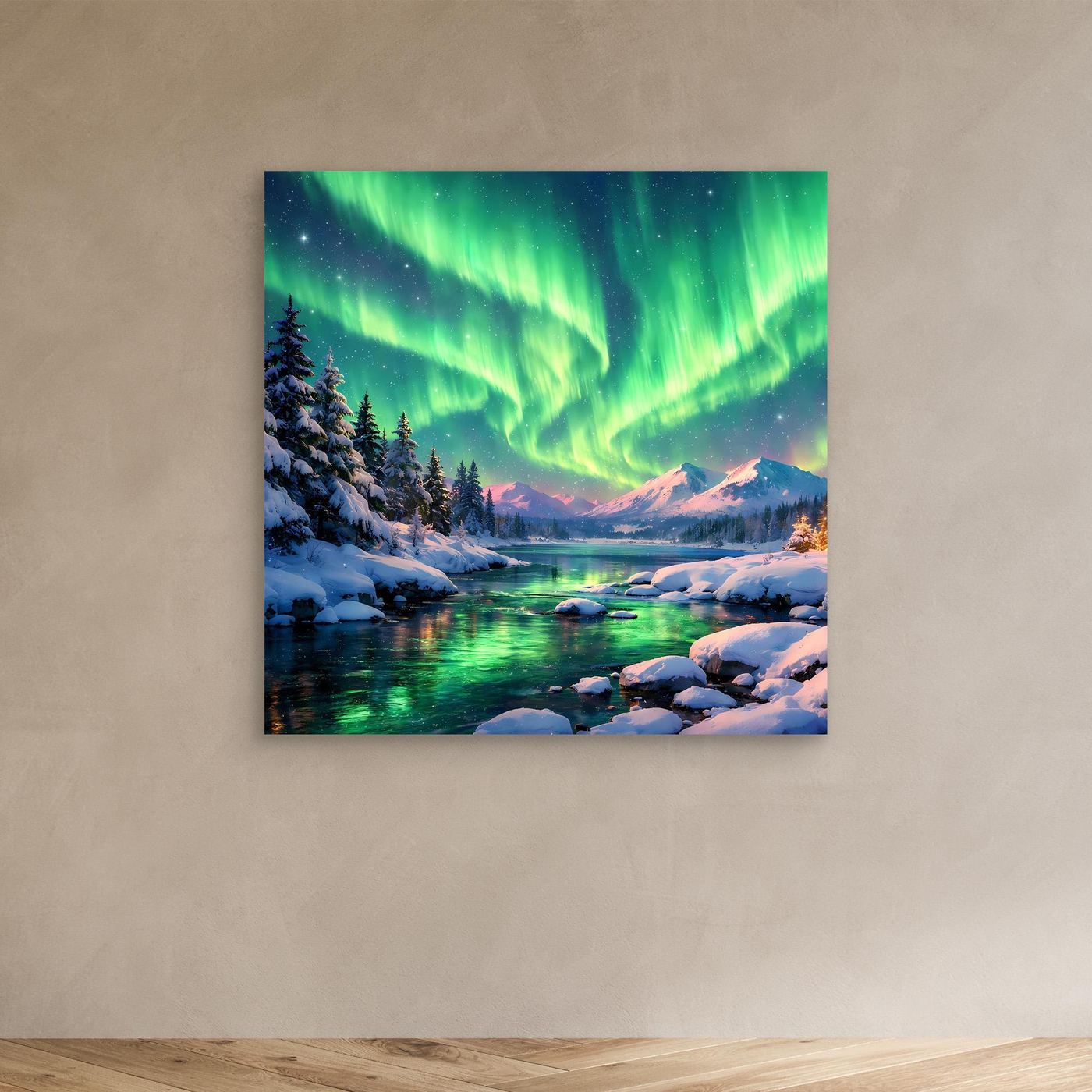 Leinwandbild Magische Polarlichter | Winterliche Polarlicht-Nacht Wandbild auf echtem Holzkeilrahmen