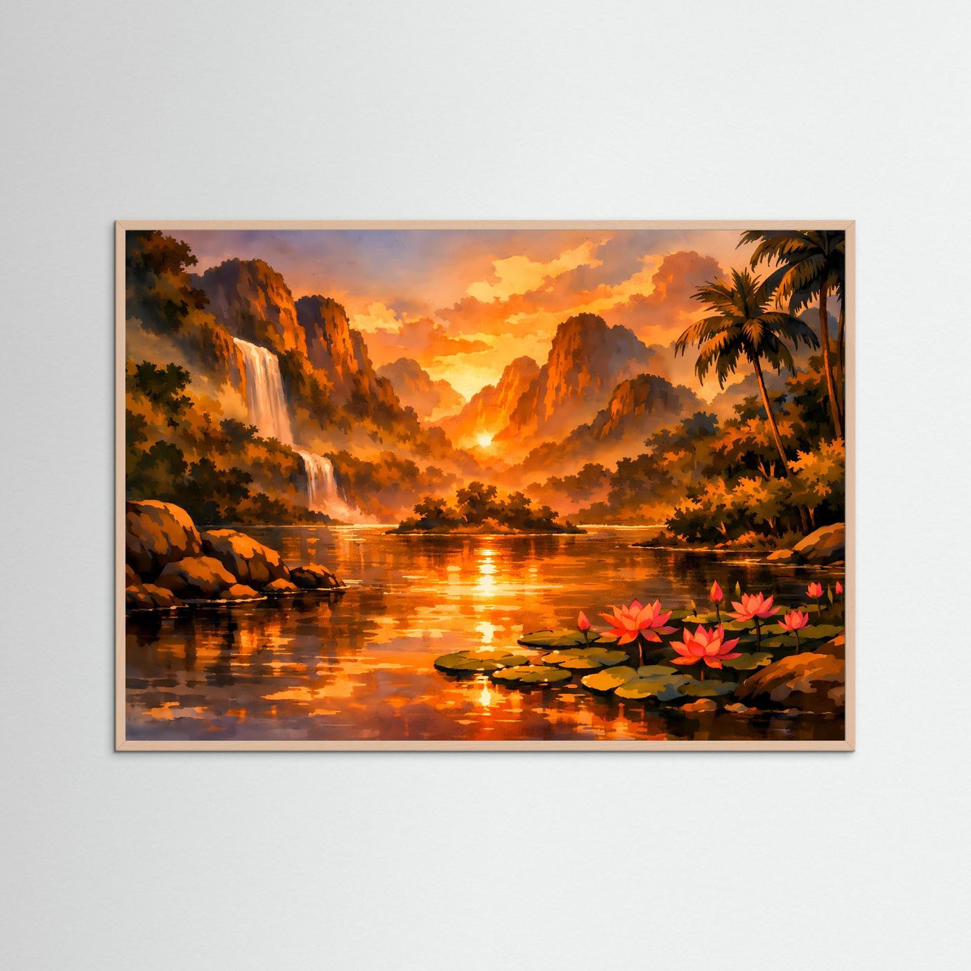 Gerahmtes Querformat-Poster mit Palmen, Flusslandschaft, Wasserfall und roten Blüten