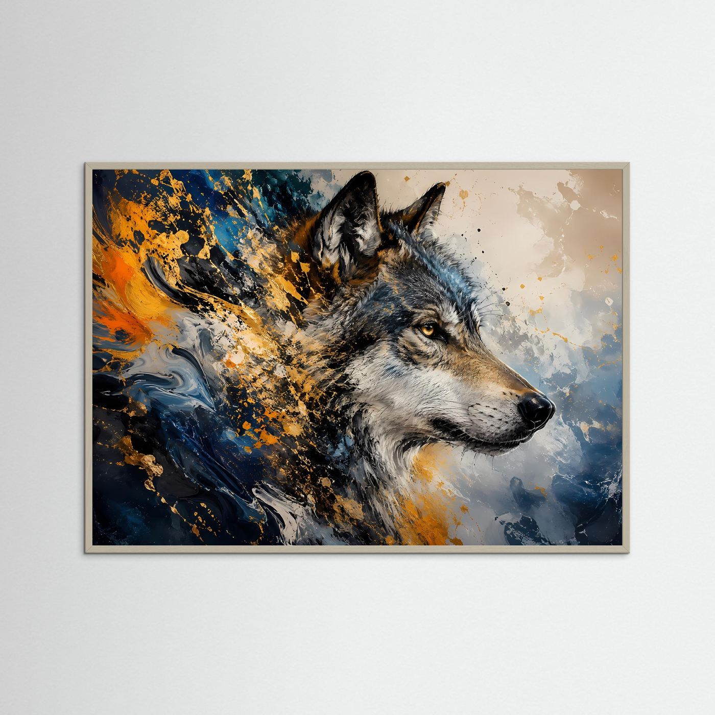 Majestätischer Wolf in Blau & Gold | Abstrakte Tierkunst & Natur Poster Querformat