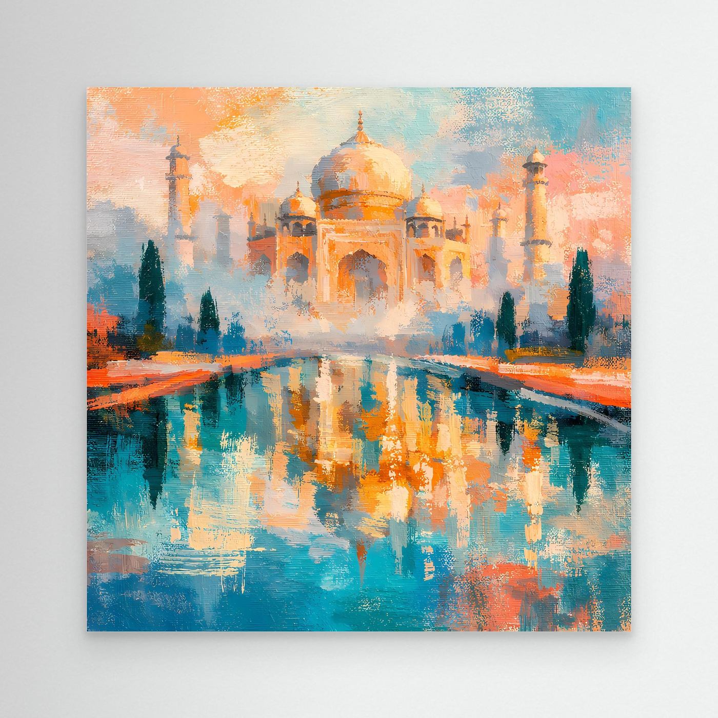 Unge­rahmtes Leinwandbild mit abstraktem Taj Mahal und Spiegelung in Türkis und Orange