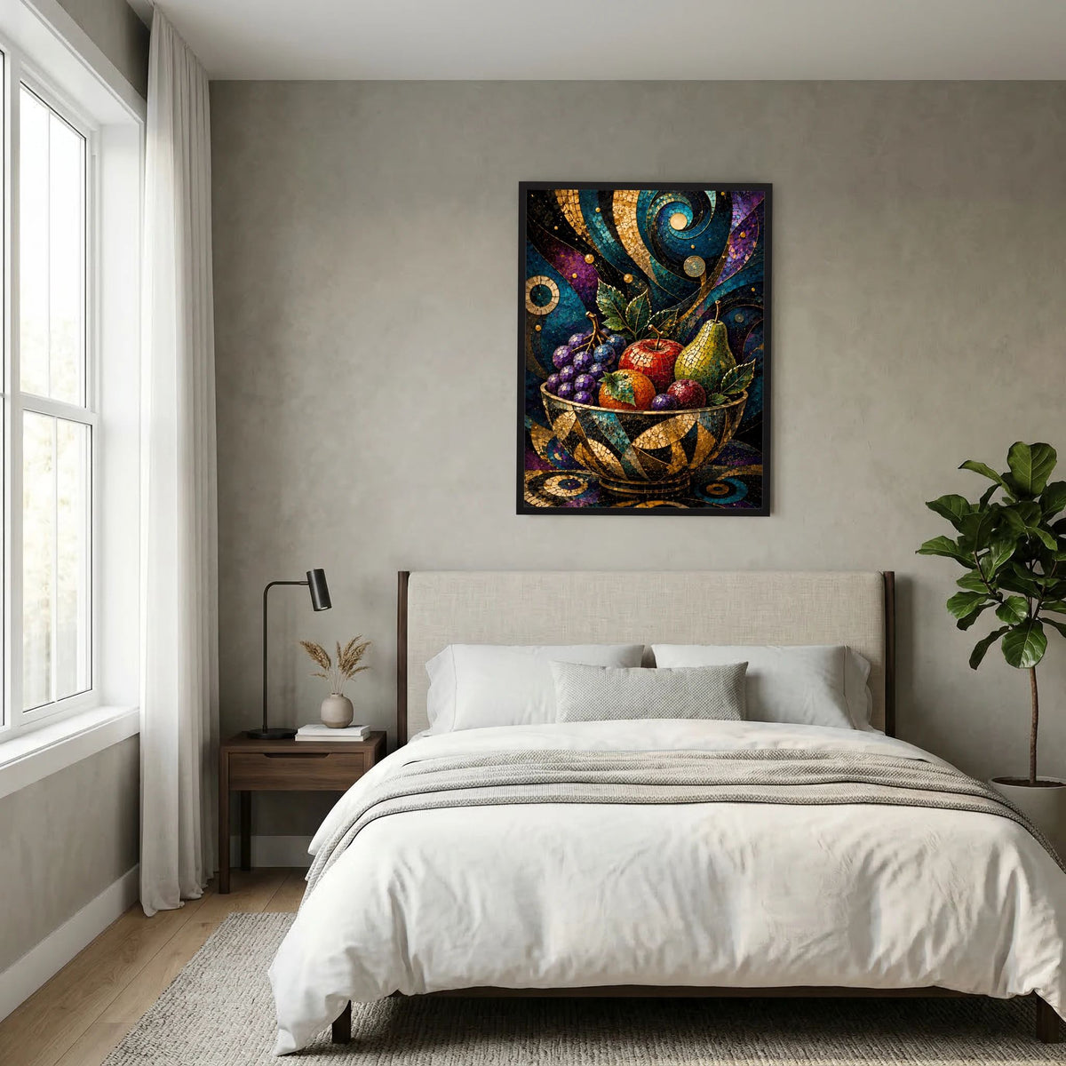 Poster mit Mosaik-Obstschale in Gold-Details, bunte Früchte