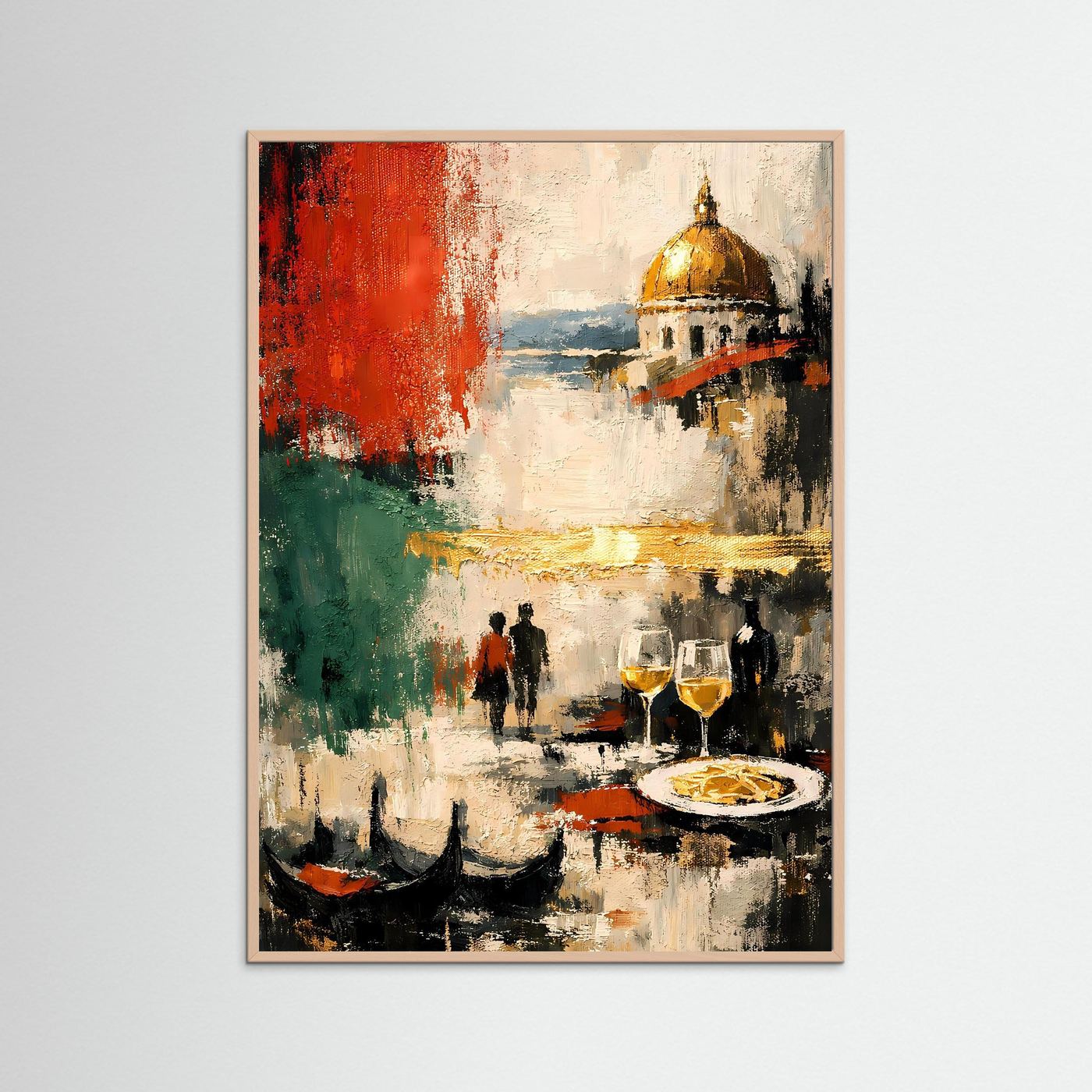Kunstposter im Hochformat mit abstraktem Venedig-Motiv im naturfarbenen Rahmen: goldene Kuppel.