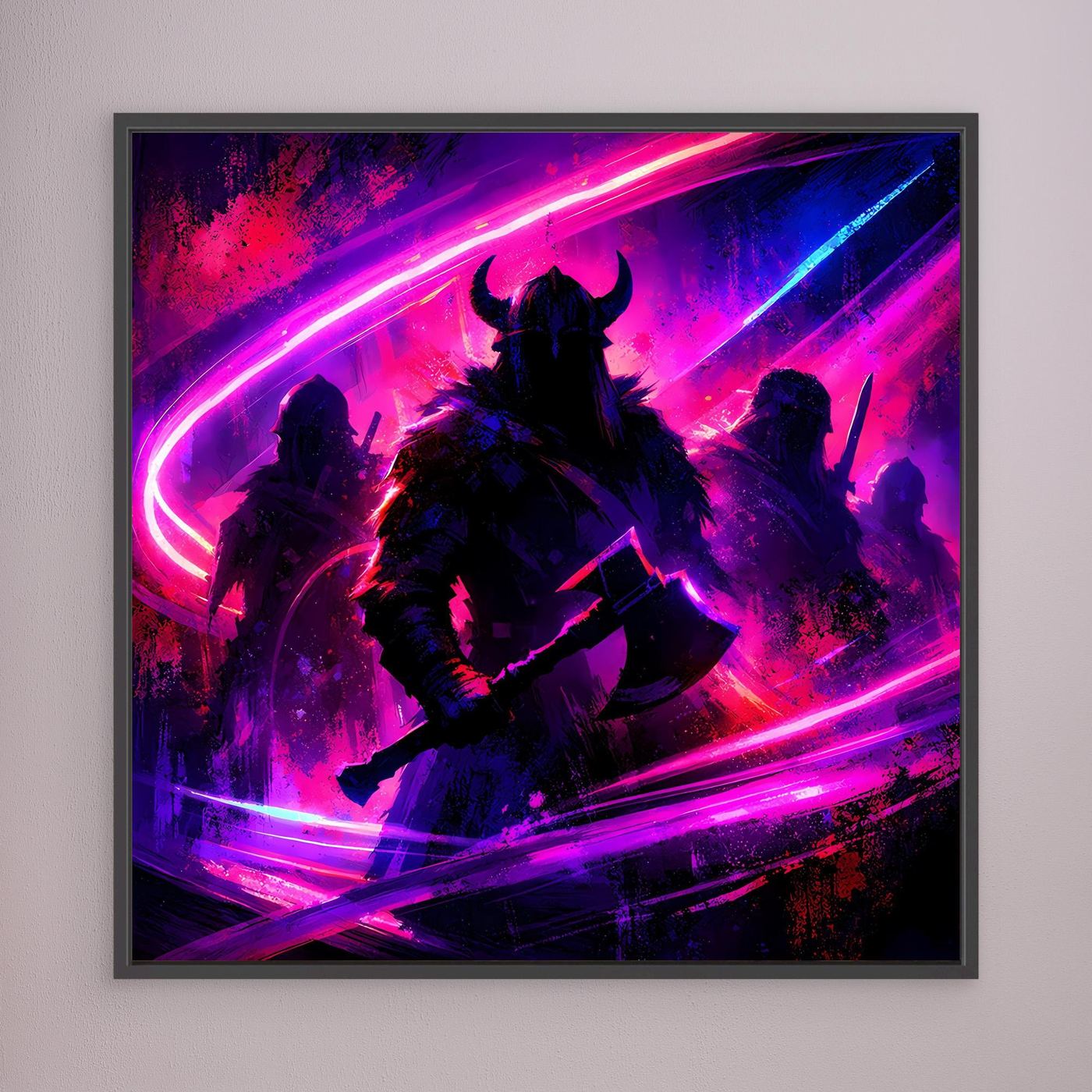 Wandbild mit Wikingersilhouetten, Neon-Pink/Lila Lichtbögen, schwarzer Rahmen