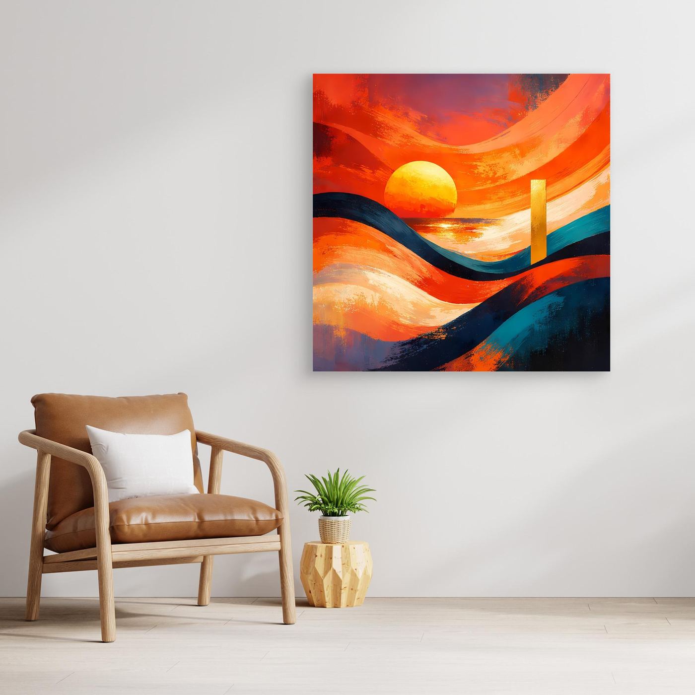 Leinwandbild abstraktes Meer mit orangefarbener Sonne, blauen Wellen und rötlichem Rahmen